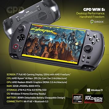 GPD Win 5 Handheld Gaming PC | AMD Ryzen AI Max+ Ryzen 395 | 32GB LPDDR5X RAM, 2TB SSD | Radeon 8060S Graphics | Portable PC for AAA Gaming and Emulation