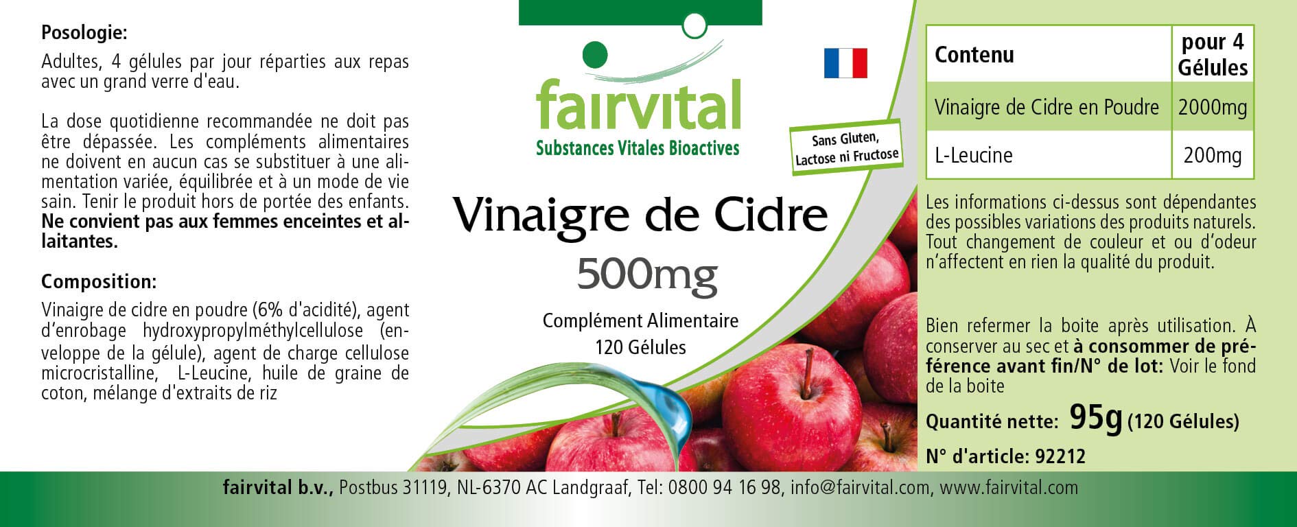 Cápsulas de vinagre de manzana, 120 cápsulas, 500mg, veganas, alta dosis