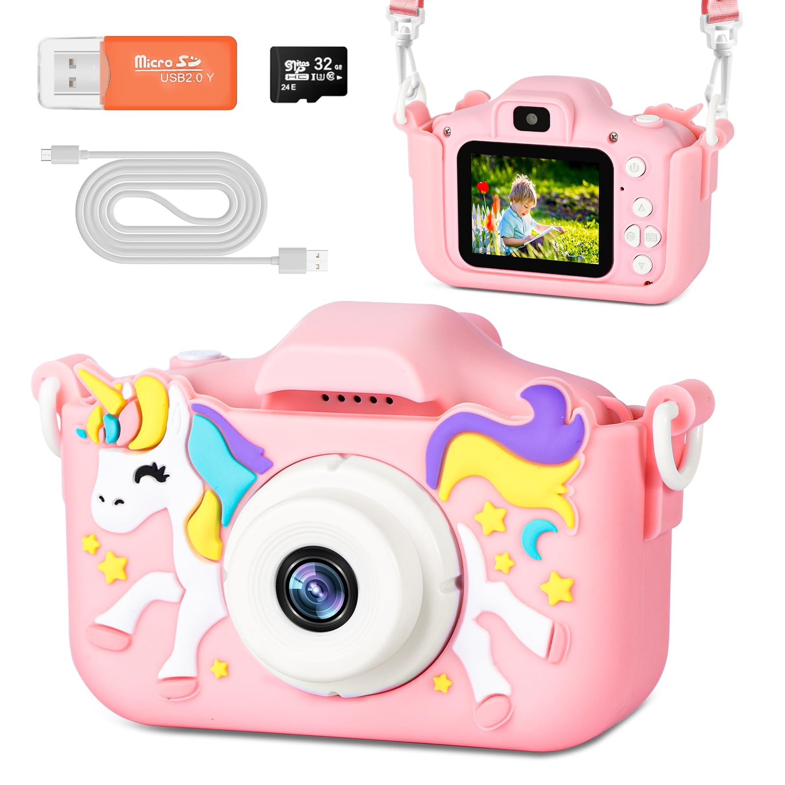 Cámara Infantil de 2 Pulgadas y 48 Megapíxeles, Cámara SelfieDigital Infantil 1080P con Tarjeta de 32GB para Niños de 2 a 12 Años, Regalo de Juguete de cumpleaños para niño (Rosa)