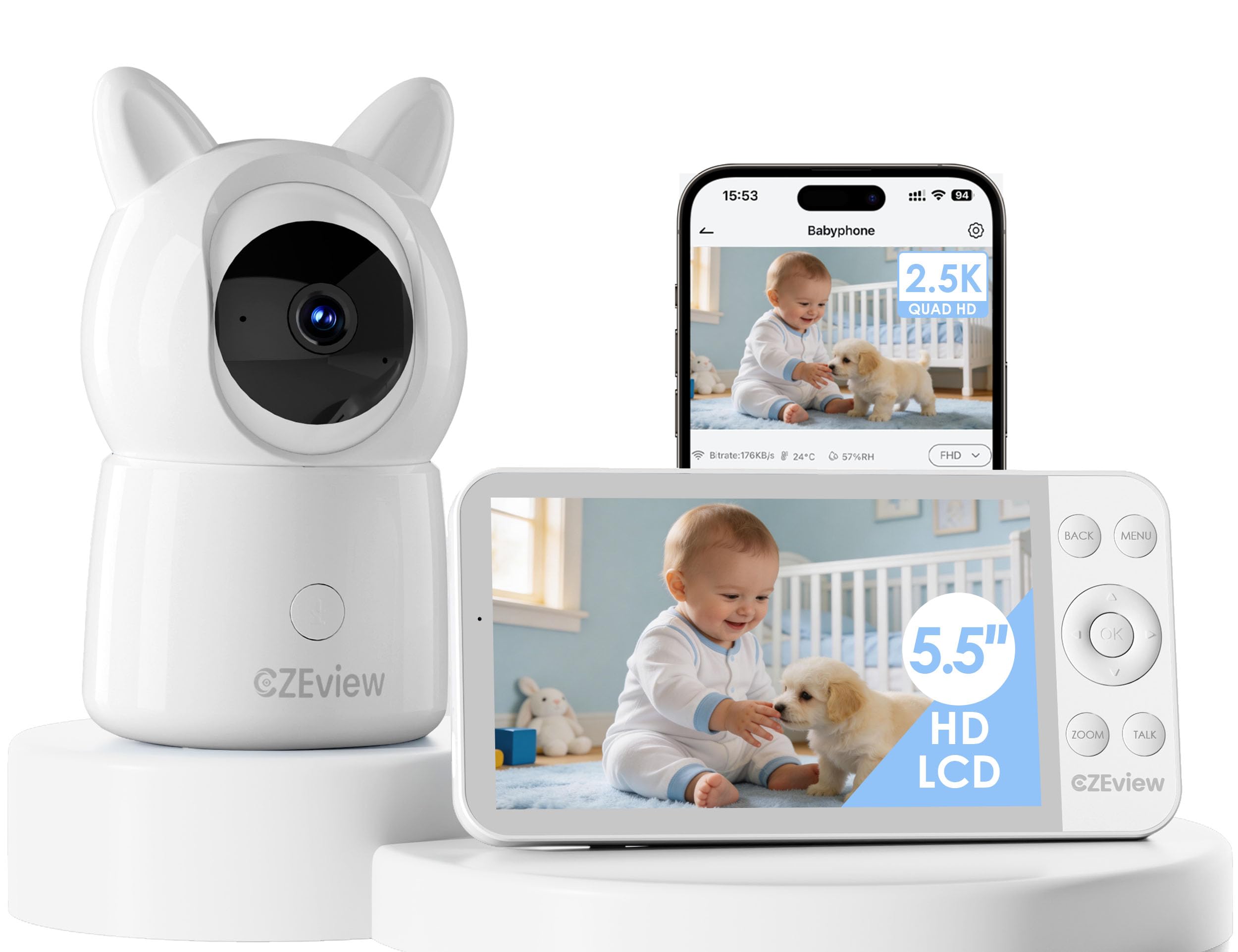 CZEview 2.5K 4MP Camara Vigilancia Bebe con App Movil, 5.5" IPS Gran Pantalla, 360°, Monitorización & Alertas en Tiempo Real, Visión Nocturna (Blanco) | pantalla súper clara, visión nocturna, audio bidireccional, cunas, sensor temp., 360° PIZ, APP, luz no