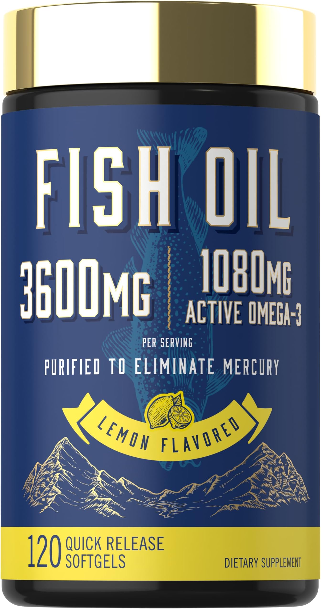 Fish Oil 3600mg | 1080mg Omega 3 | 120 Count | Non-GMO & Gluten Free Supplement