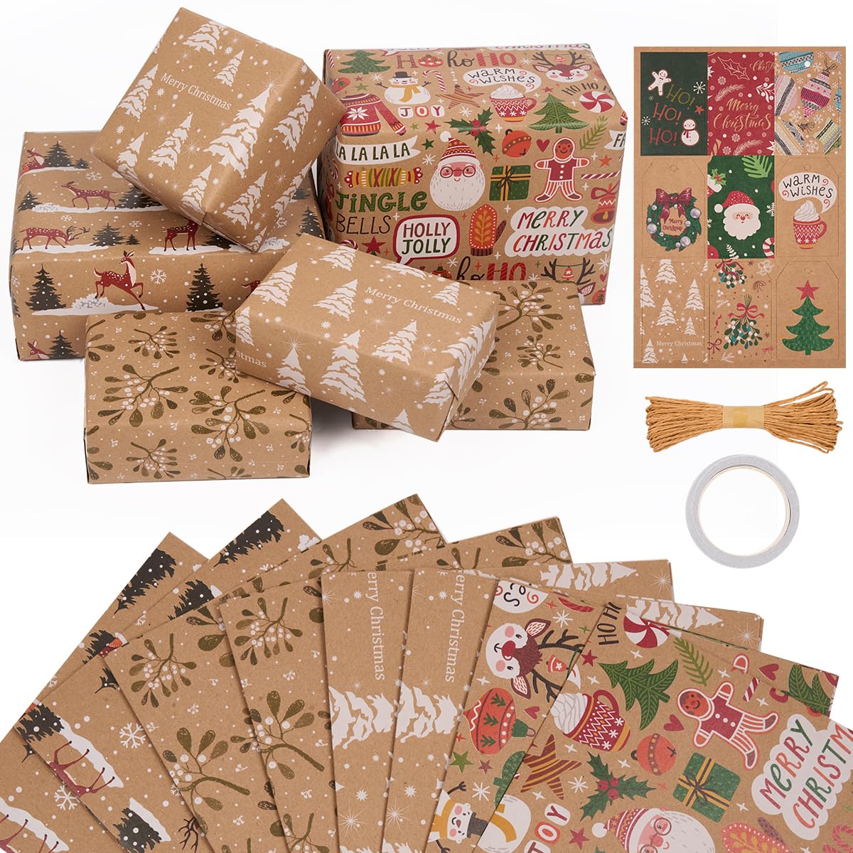 8 Sheets 70x50cm Christmas Wrapping Paper for Gift Wrapping, Recyclable Kraft Paper with 9pcs Gift Tags and String for Xmas Box Gift Wrapping