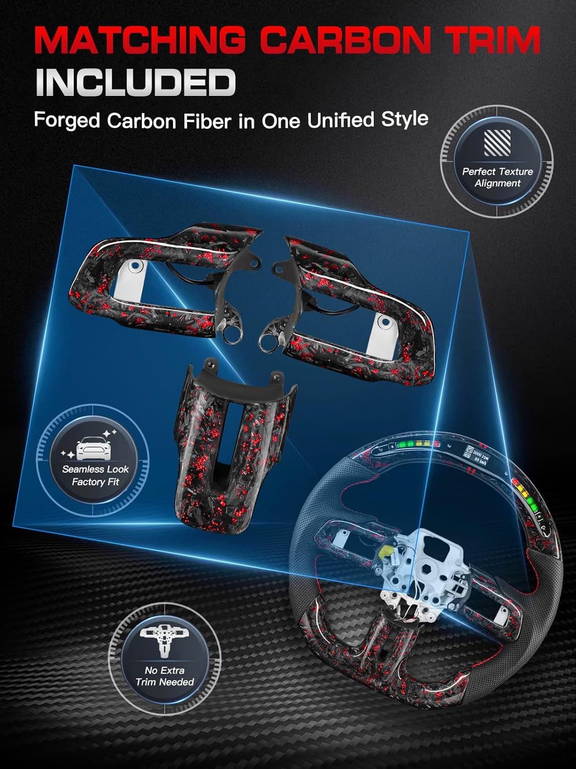 LED Forged Carbon Fiber Steering Wheel for Ford Mustang 2015-2017, Red Foil Flakes, D-Shape Flat Bottom, Nappa Leather with Red Stripe & Stitching, for EcoBoost, Base, V6, GT, GT350 & GT350R