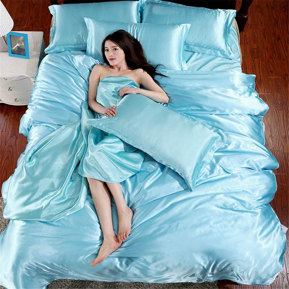 Parure de lit satin de soie 4 pièces bleu clair pour transformer votre chambre