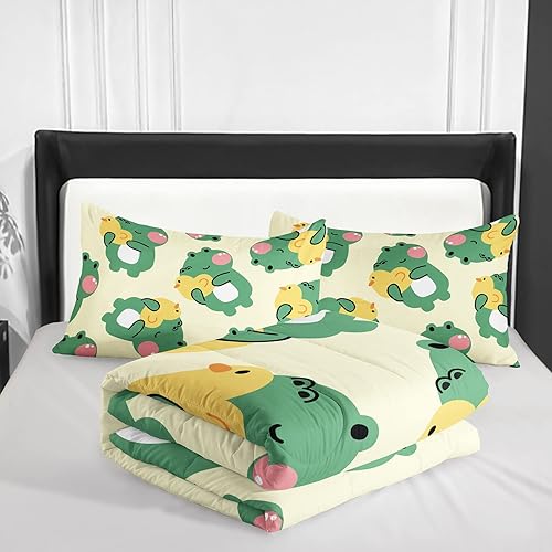 Miniatura 4 de Juego de edredón de 3 piezas con estampado de rana de dibujos animados y 2 fundas de almohada, suave y ligero, para todas las estaciones