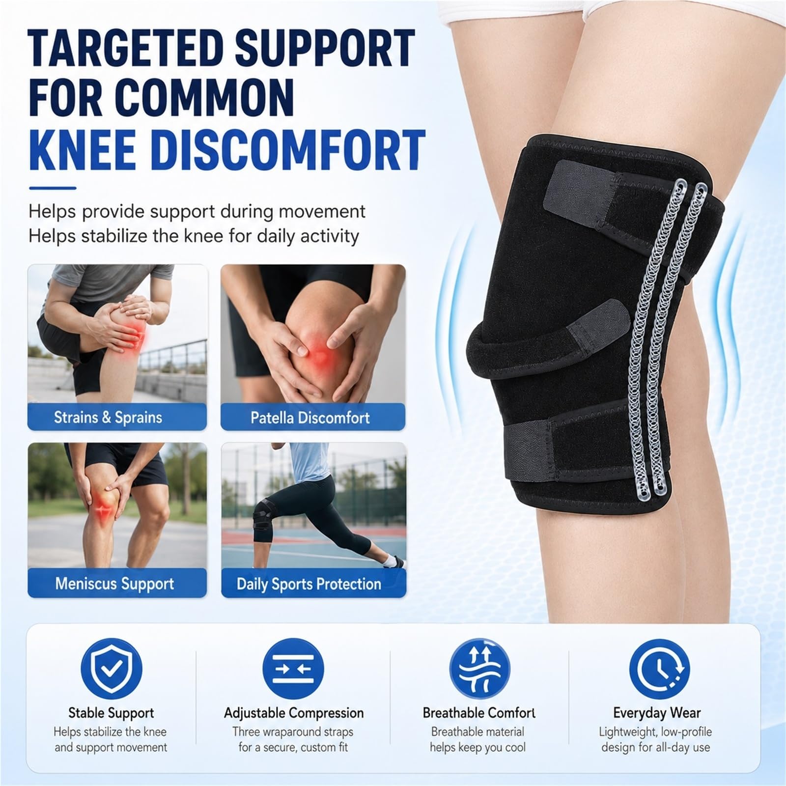 Kniebandage Herren Damen, Knieschoner bei Knieschmerzen Meniskusriss Gelenkschmerzen, Verstellbare Knieorthese mit Seitlichen Stabilisatoren & Patella-Öffnung Sport