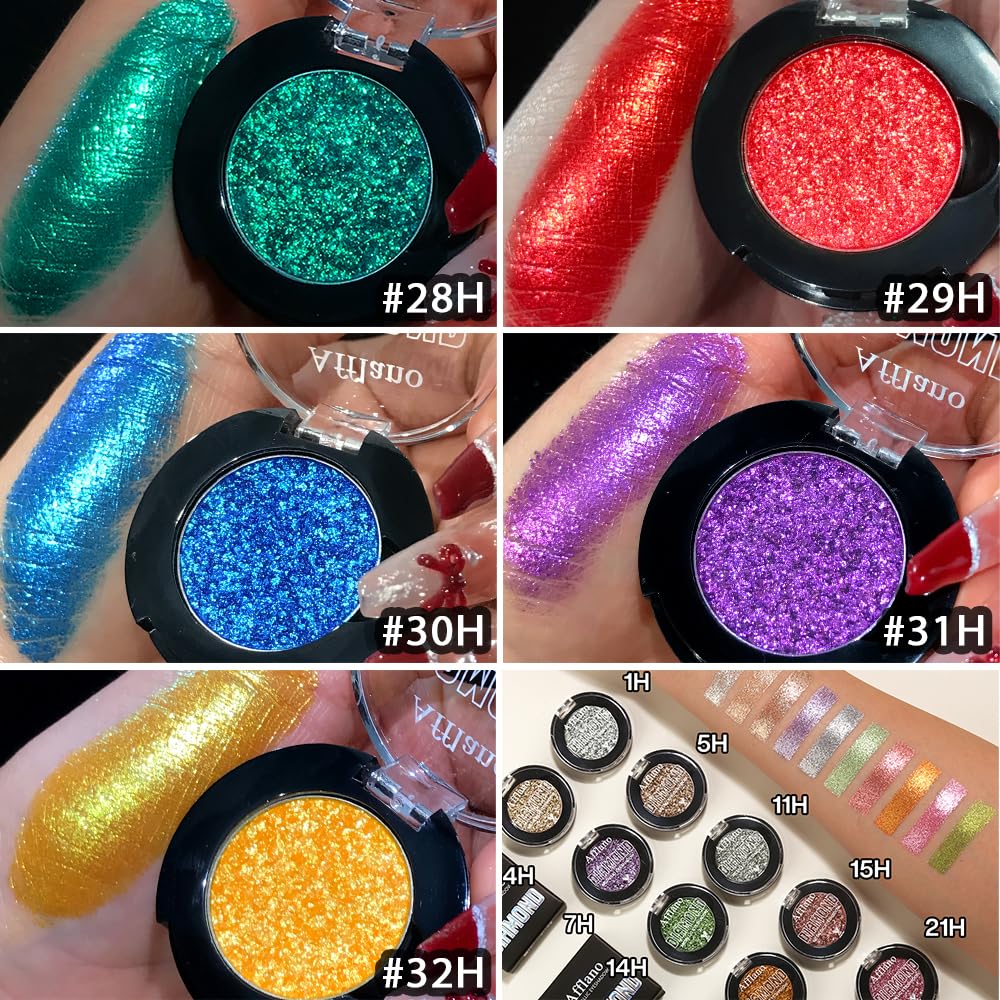 Afflano Red Glitter Eyeshadow, Diamond Bright Red Eyeshadow Instant Color, Super Pigmented Single Red Metallic Eyeshadow One Swipe, Holographic Red Shimmery Eye shadow for Goth Smoky Clown Eyes Makeup