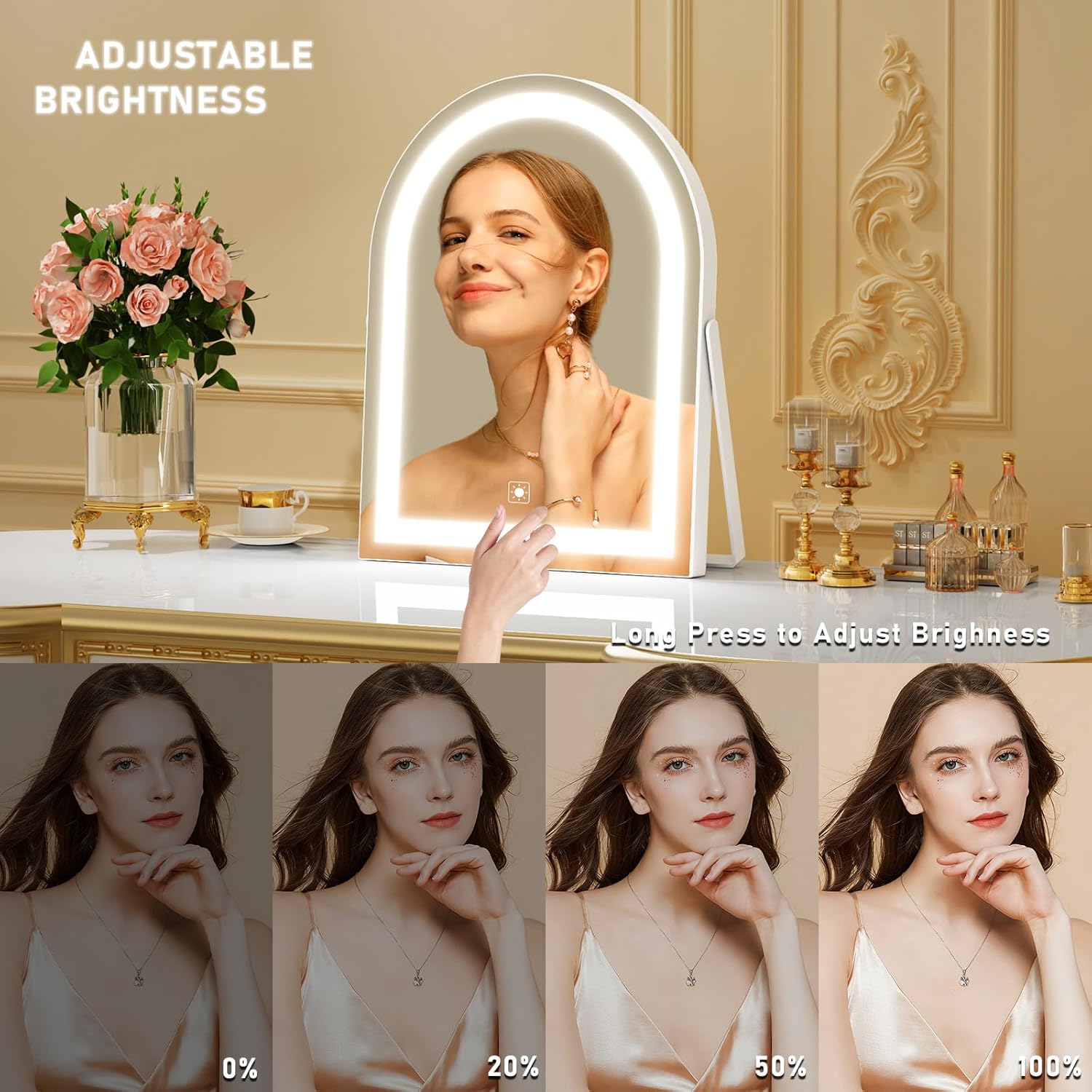 Vanity Mirror with Lights, 16" Light Up Makeup Mirror, LED Makeup Mirror with Lights for Bedroom Tabletop, Smart Touch Control 3 Colors Dimmable, 360° Rotation - Image 2