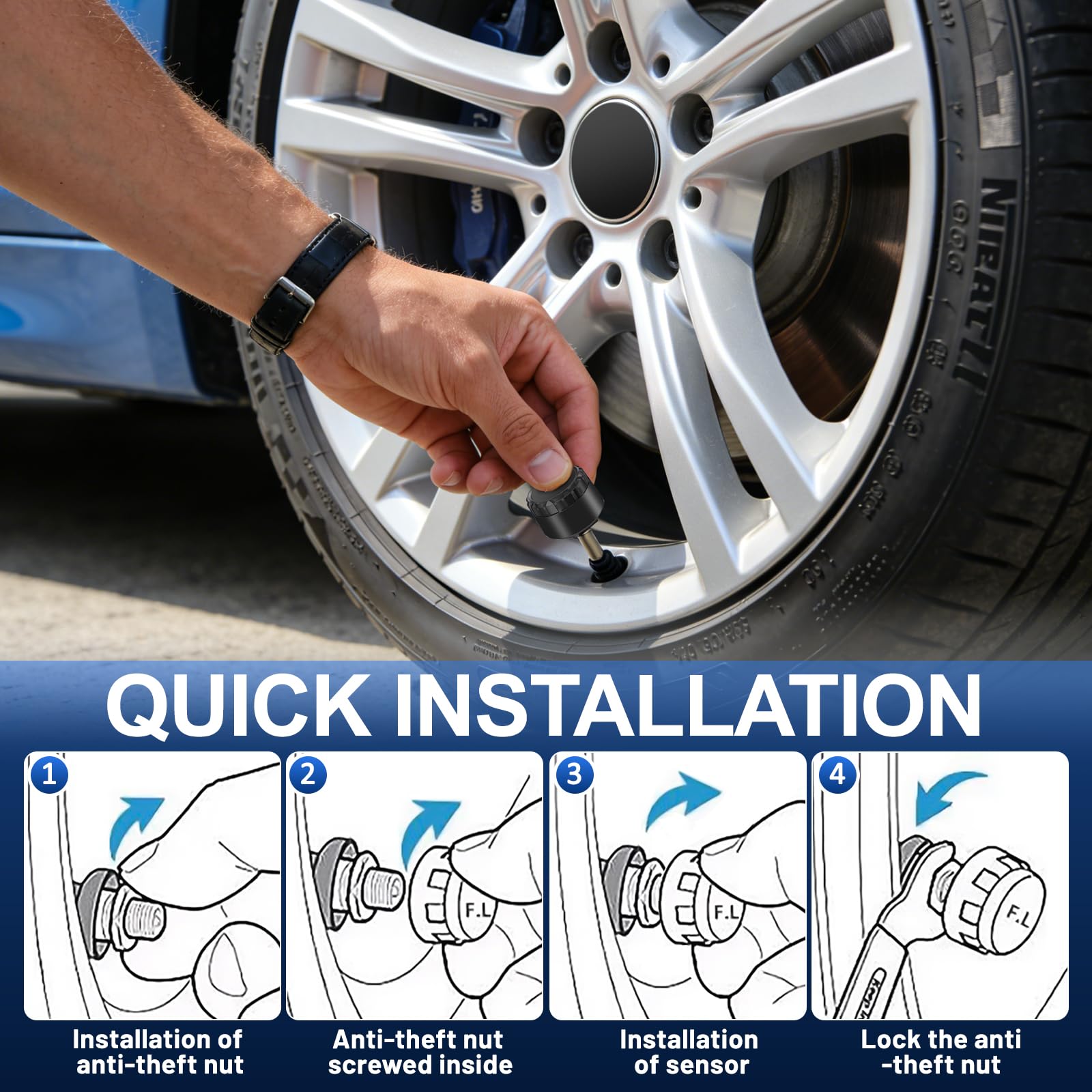 Sistema Sensori di Monitoraggio della Pressione con Indicatore dell'Ora | TPMS Auto con Ricarica Solare/USB, Sistema Sensori di Monitoraggio della Pressione degli Pneumatici con 4 Sensori Esterni