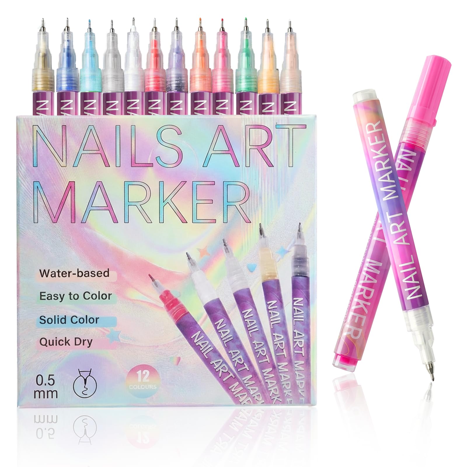 12 Colours Nail Art Pens Set, 0.5mm Fine Tip Nail Polish Markers, 2026 Upgrade Nail Art Markers,Quick Dry Waterproof Liner Pens for DIY 3D Nail Art, Gel Nails Painting Tools for Beginners & Professionals (1 Set)
