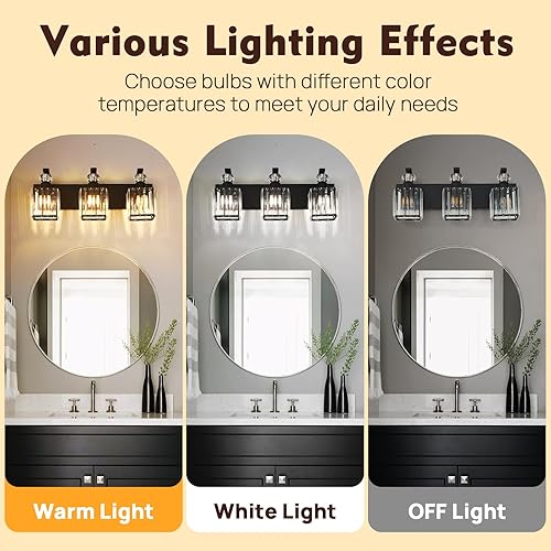 Miniatura 2 de Moderna lámpara de tocador de baño, 3 luces negras sobre espejo, lámpara de pared de cristal de 20.5 pulgadas para bañodormitoriotocador, incluye
