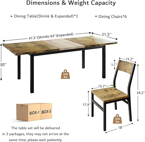 Miniatura 2 de iPormis Juego de mesa de comedor y sillas de 7 piezas para 4-6, mesa de cocina extensible de 63 pulgadas con 6 sillas, mesa de comedor con tablero