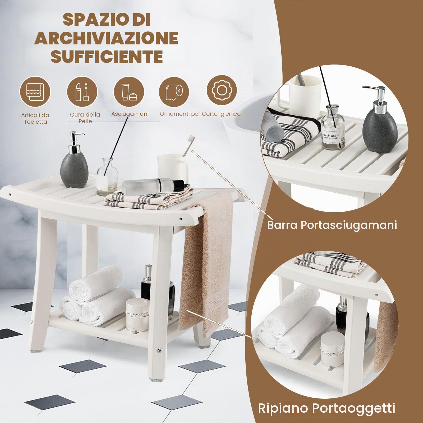 LIFEZEAL Sgabello da Bagno a 2 Livelli, Panca da Doccia Solida in HDPE Fino a 150 kg, Sgabello Doccia con Ripiano Portaoggetti per Adulti, Anziani, Bianco (60,5 x 34 x 48 cm)