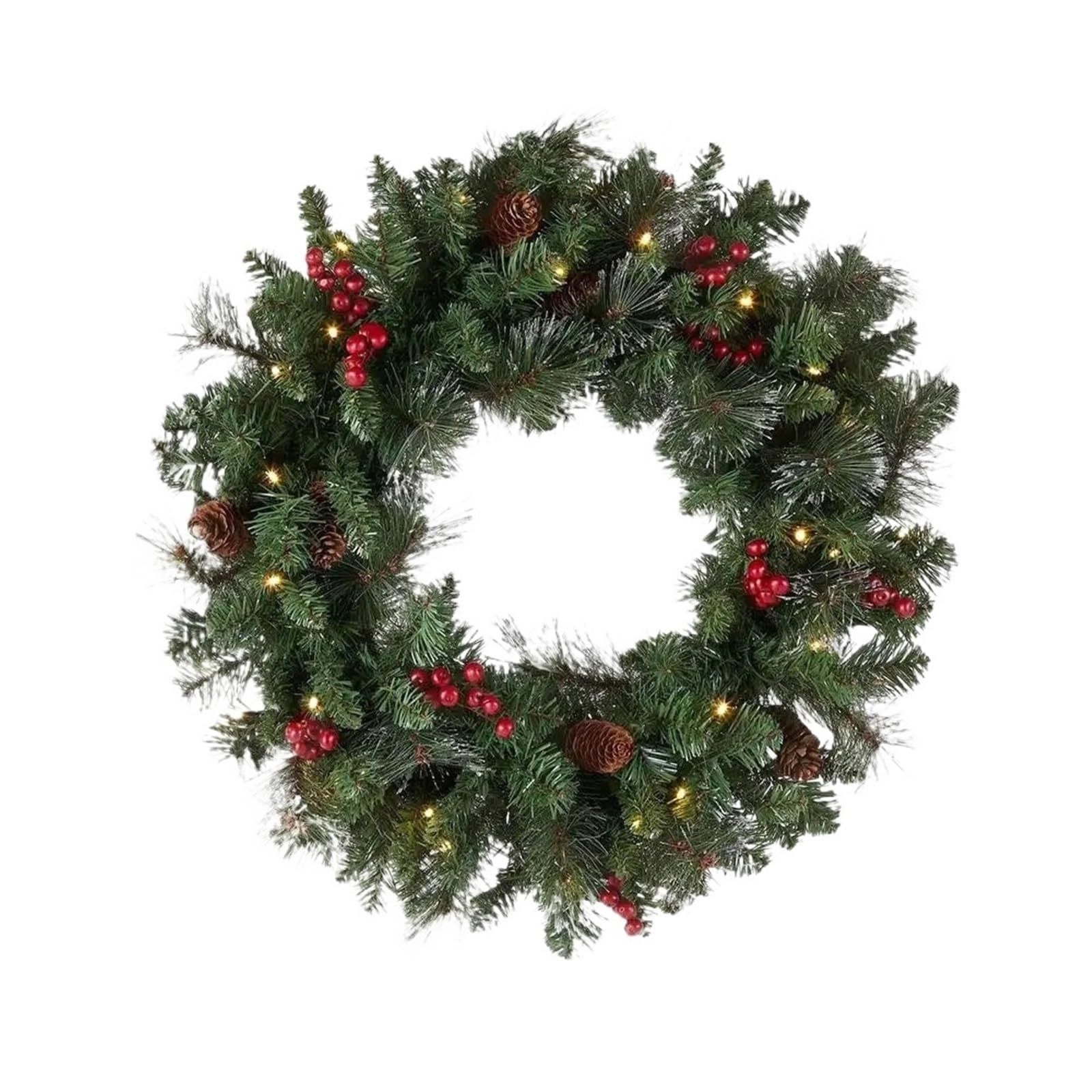 Corona de Navidad LED de 18 pulgadas con luces, guirnalda de bayas de pino artificial para decoración de interiores y exteriores