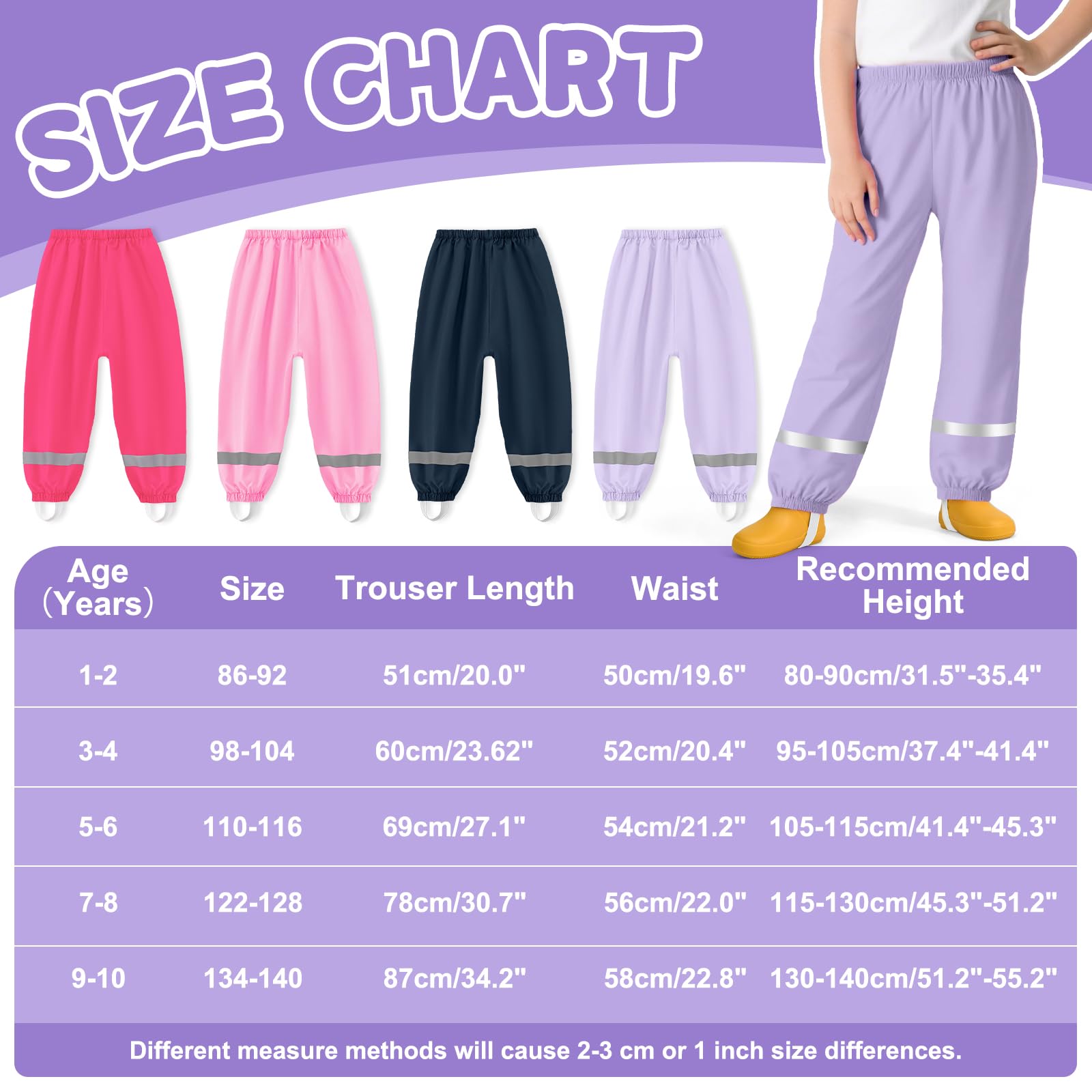 Pantalon Impermeable Niñas Niños Pantalones de Lluvia Ligeros Transpirables Pantalón Barro con Tiras Reflectantes sin Forro Peto de Lluvia Exterior Ciclismo Escuela para Infantil 1-10 años