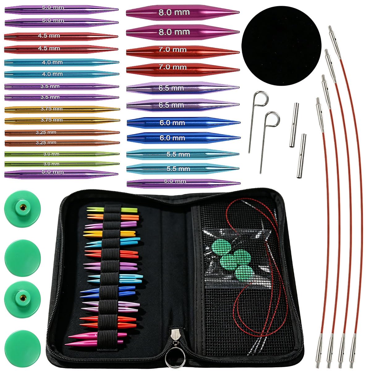 EAAGHK Austauschbares Rundstricknadel-Set mit 12 Paar Kurze Rundstricknadeln Set Austauschbar(5,5 cm) in den Stärken 3-8 mm Austauschbar Stricknadeln Set mit 4 Kordeln 15–55 cm lang, Tasche, Zubehör