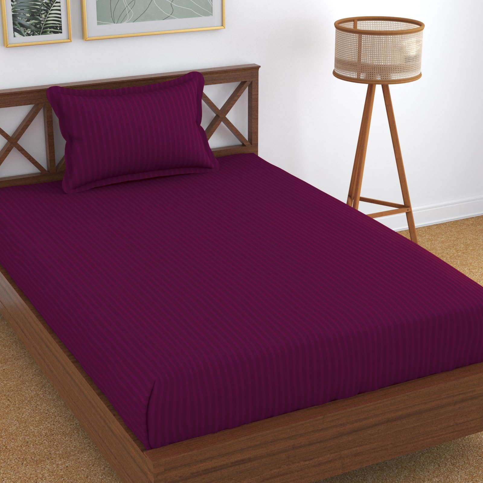 Homefab India 160 TC Stripe Glace Cotton Single BedSheet with 1 Pillow Cover - Dark Pink