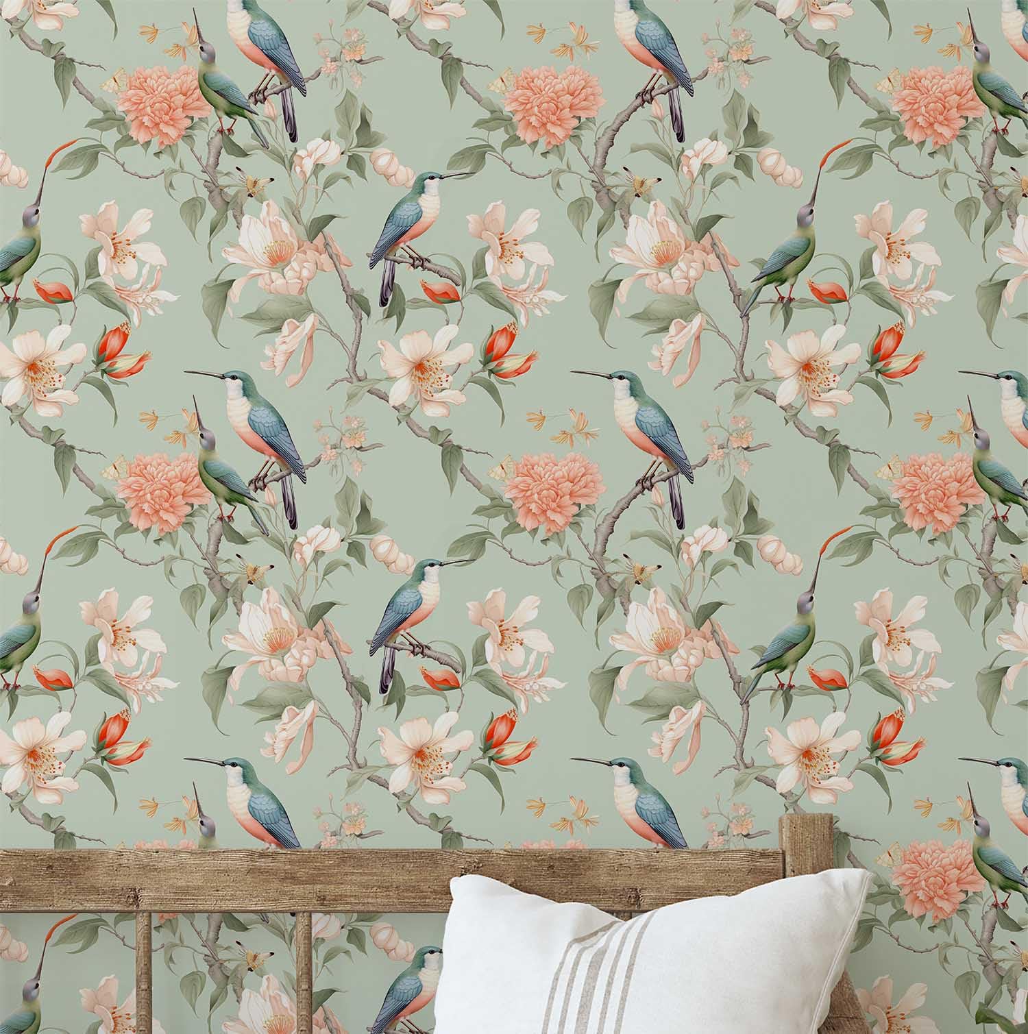 Papier peint autocollant oiseaux et fleurs vert S4Sassy vinyle pour chambre