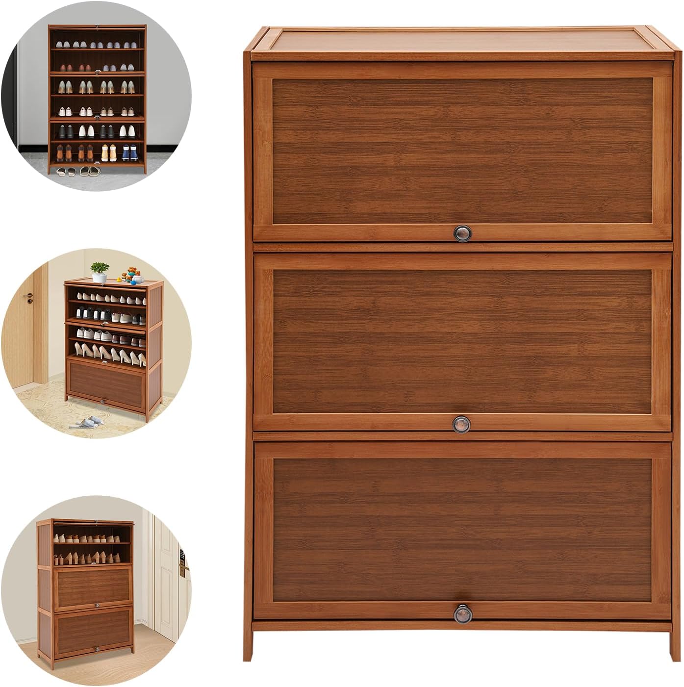 Shoe Storage Cabinet for Entryway, Freestanding Shoe Rack Cabinet with Flip-up Door for Living Room, Hallway, Farmhouse (Wood Lid, 6 Tier)