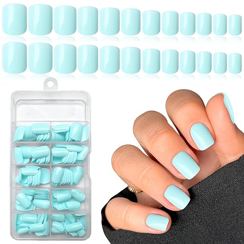 LuckForever Short Press on Nails 240pc Glossy Mint Blue Press