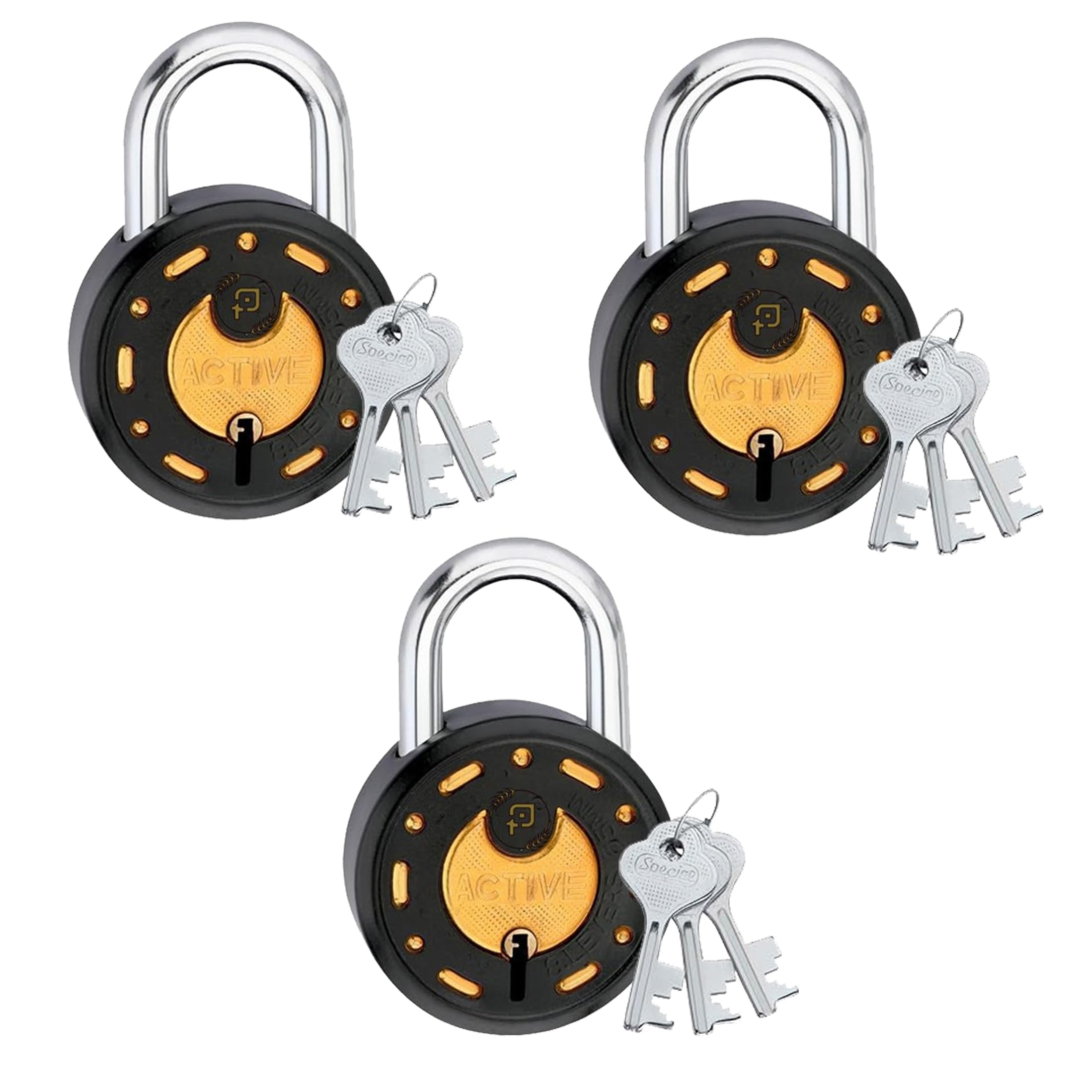 Azco Round Locks Small Size 50mm 9 Same Key with 3 Padlocks | 7 Levers Double Locking | Black Golden Finish | Lock and Keys for Home Door Gate Shop Shutter (Pack of 3) — Amazon image 11