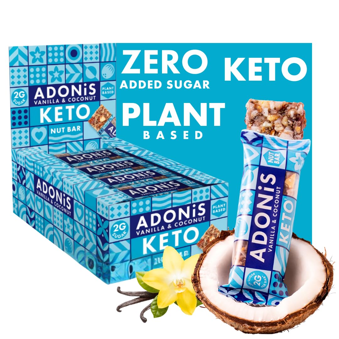 Adonis Keto Riegel Vanille- & Kokosnuss | 16x 35g | Keto Snacks | Vegan & 100% natürlich | Low Carb Bar und Low Sugar Snack | Perfect Keto-Diät Bars | Glutenfrei, ohne Zuckerzusatz (Vanille & Kokos)