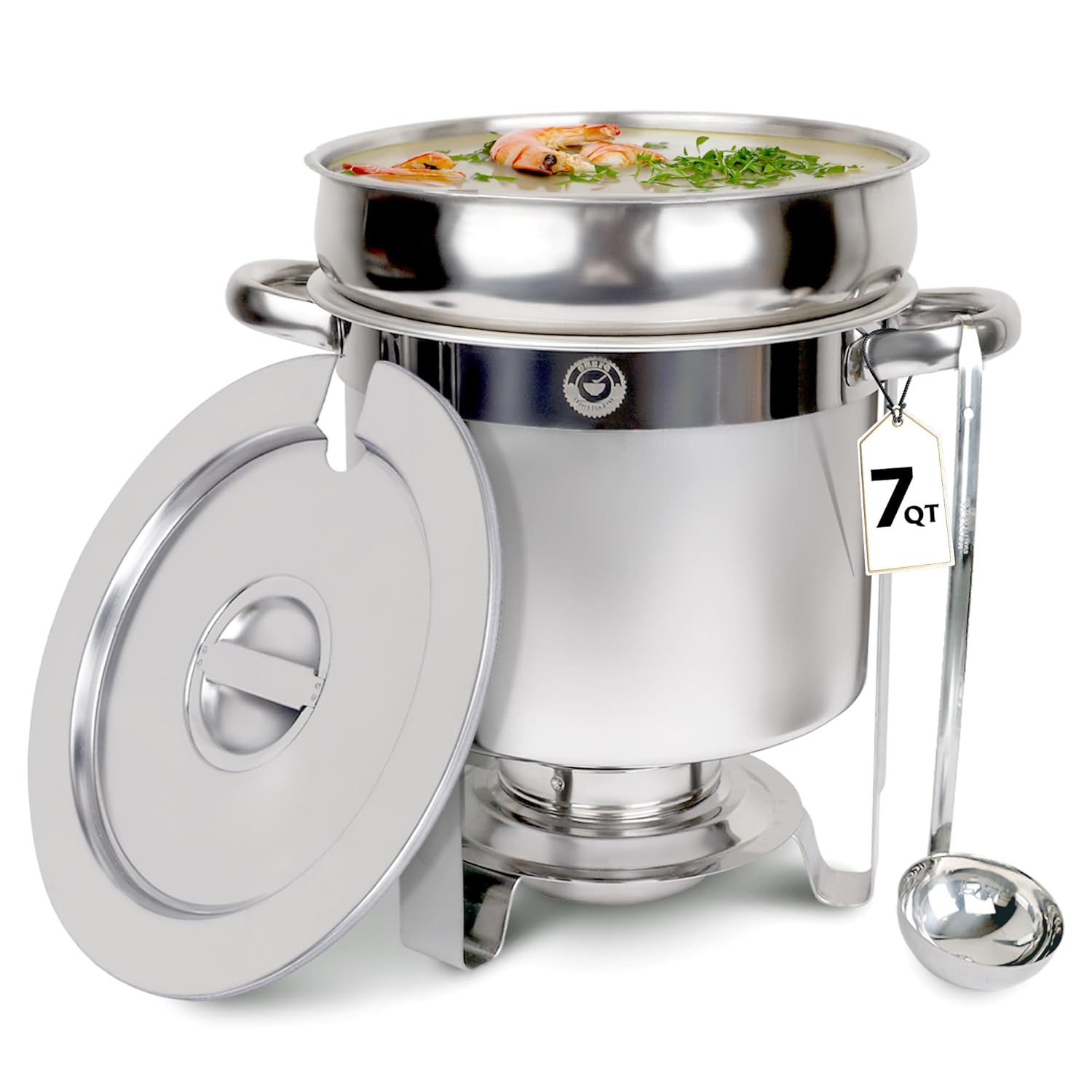 7 QT Soup Chafer Station with Contemporary Marmite Water Pan, Stainless Steel, Including Fuel Holder & 6 Oz Ladle - Perfect for Buffets, Catering, and Events