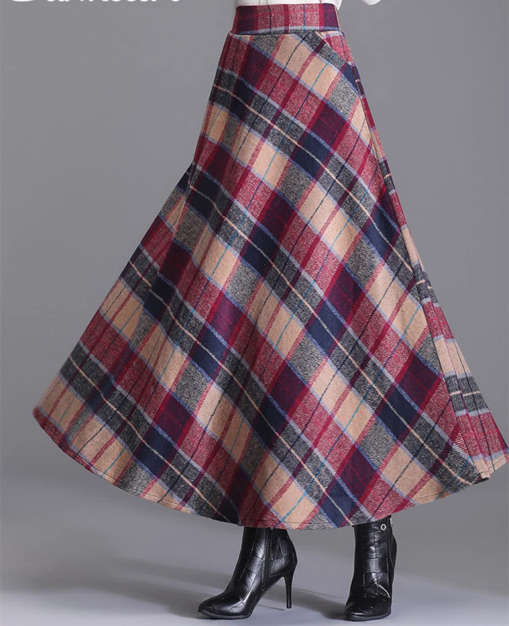 Gonne Lunghe Invernali, Gonne Invernali Vita Elasticizzata con Tasca Hit Color Rosso Kaki Gonna A Balze A Vita Alta Gonne Midi da Donna A Trapezio Gonna Ampia A Pendolo