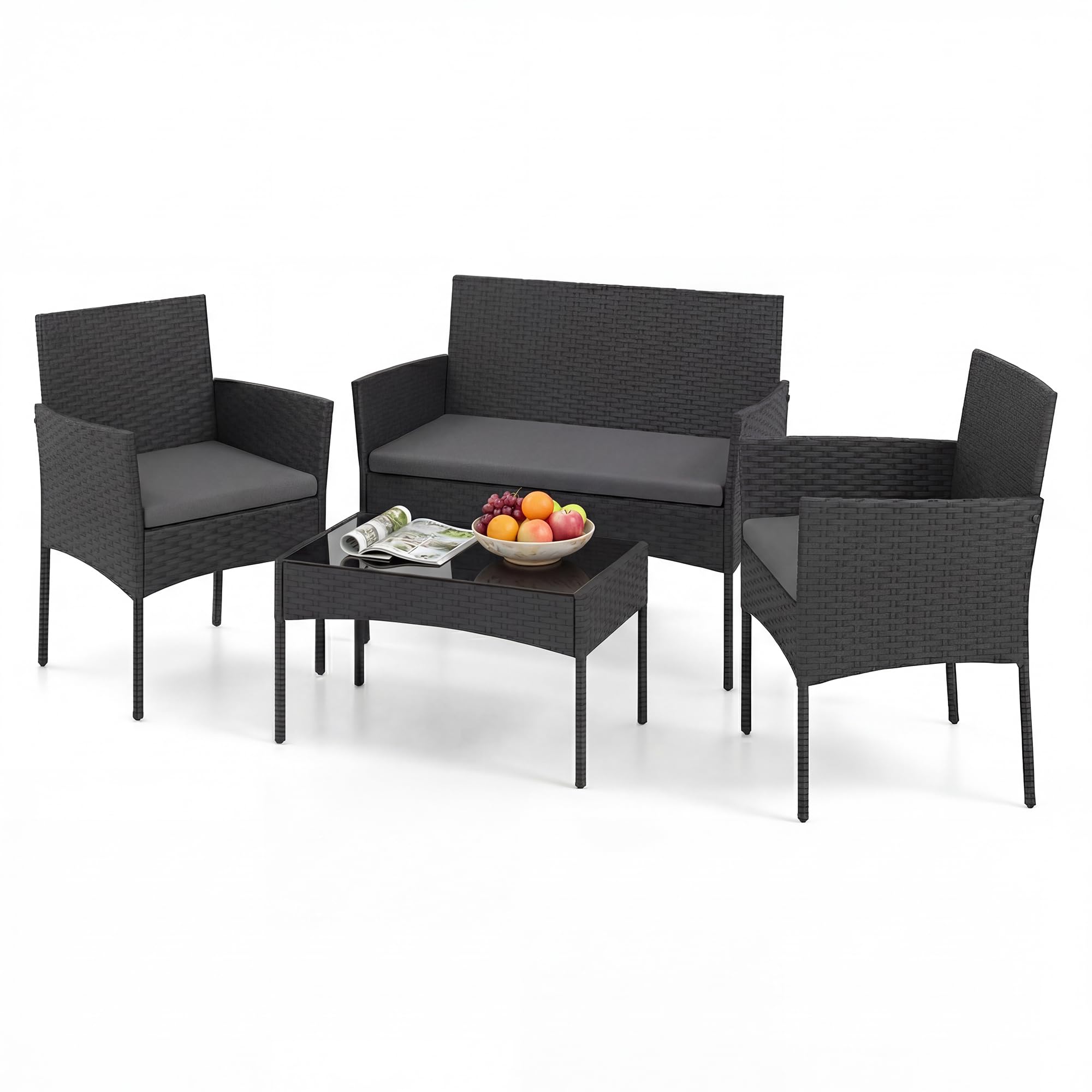 Set da Giardino in Rattan 4 Pezzi con Tavolino in Vetro, Divano e Poltrone, Grigio
