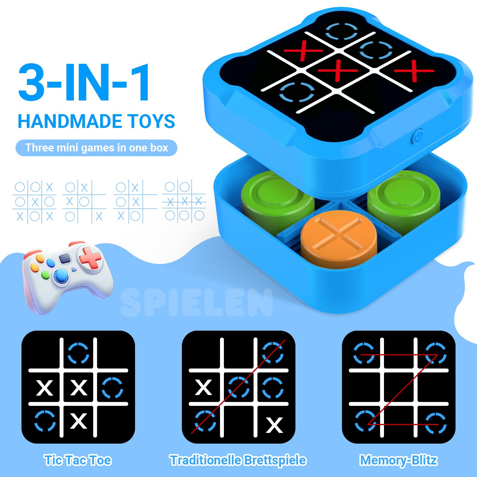 Tic Tac Toe Bolt Game, Elektroniczna Gra w Kółko I Krzyżyk,Przenośna Konsola do Gier Logicznych 5 w 1, Przenośna gra Podróżna dla Rodzinna (Blue)