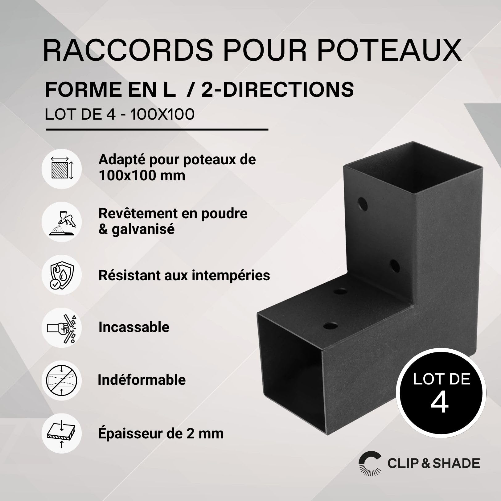 CLIP & SHADE - Juego de 4 soportes para postes de madera, 100 x 100 cm, conector de esquina en L de 2 vías para postes de madera, zapatos de vigas 10 x 10, galvanizado y recubierto de polvo, conector
