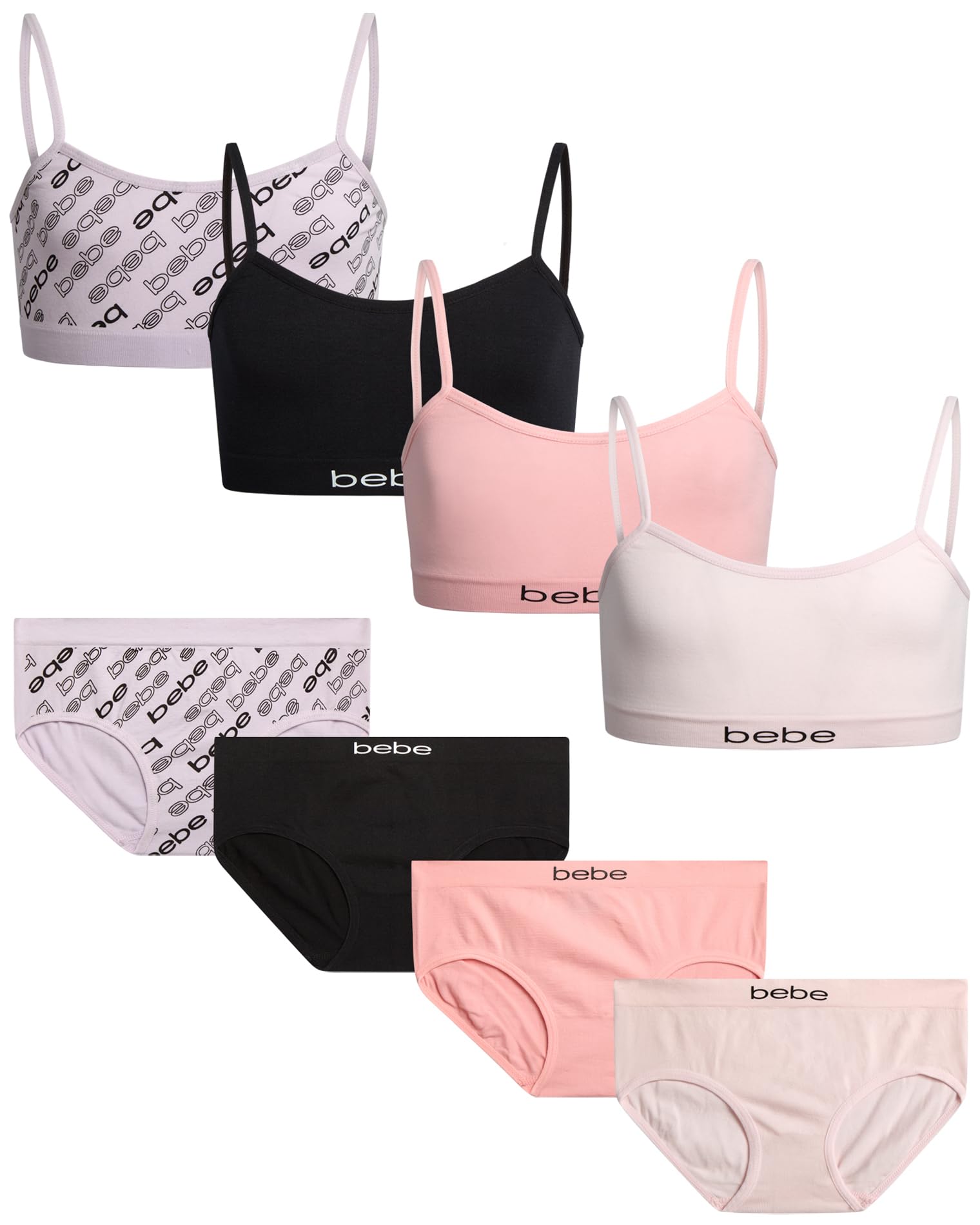 bebe Girls Underwear Set - 8 Piece Seamless Cami Training Bra and Matching Panties for Girls