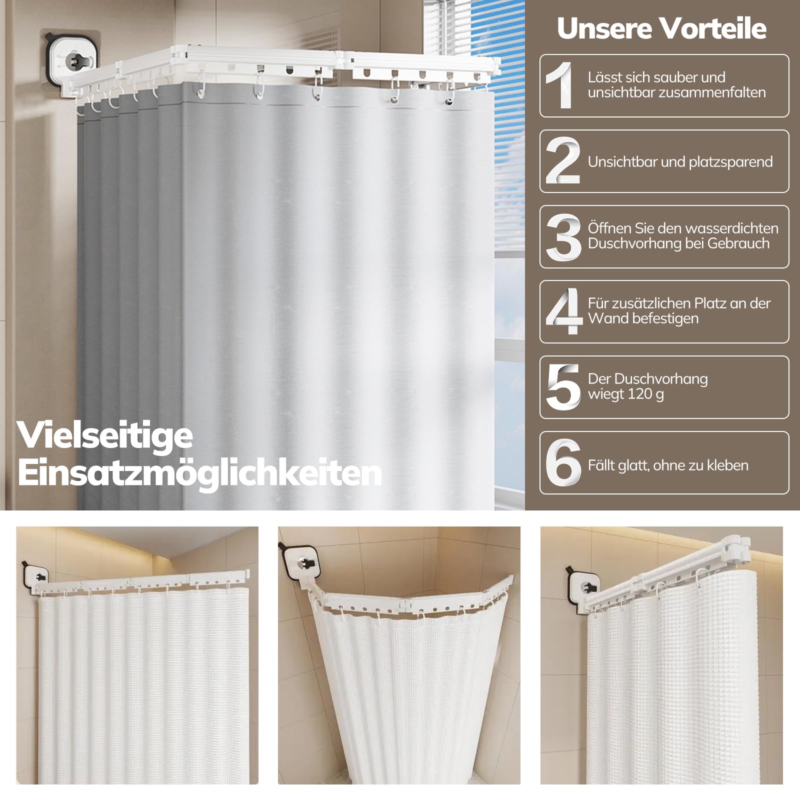Rideau De Douche Sans Perçage, Tringle à Rideau De Douche Pliable Avec Ventouses, Rideau Douche (1,8x2m), Tige d'Angle avec Anneaux, pour Salles de Bain, Baignoire, Vestiaires(4 Plis)