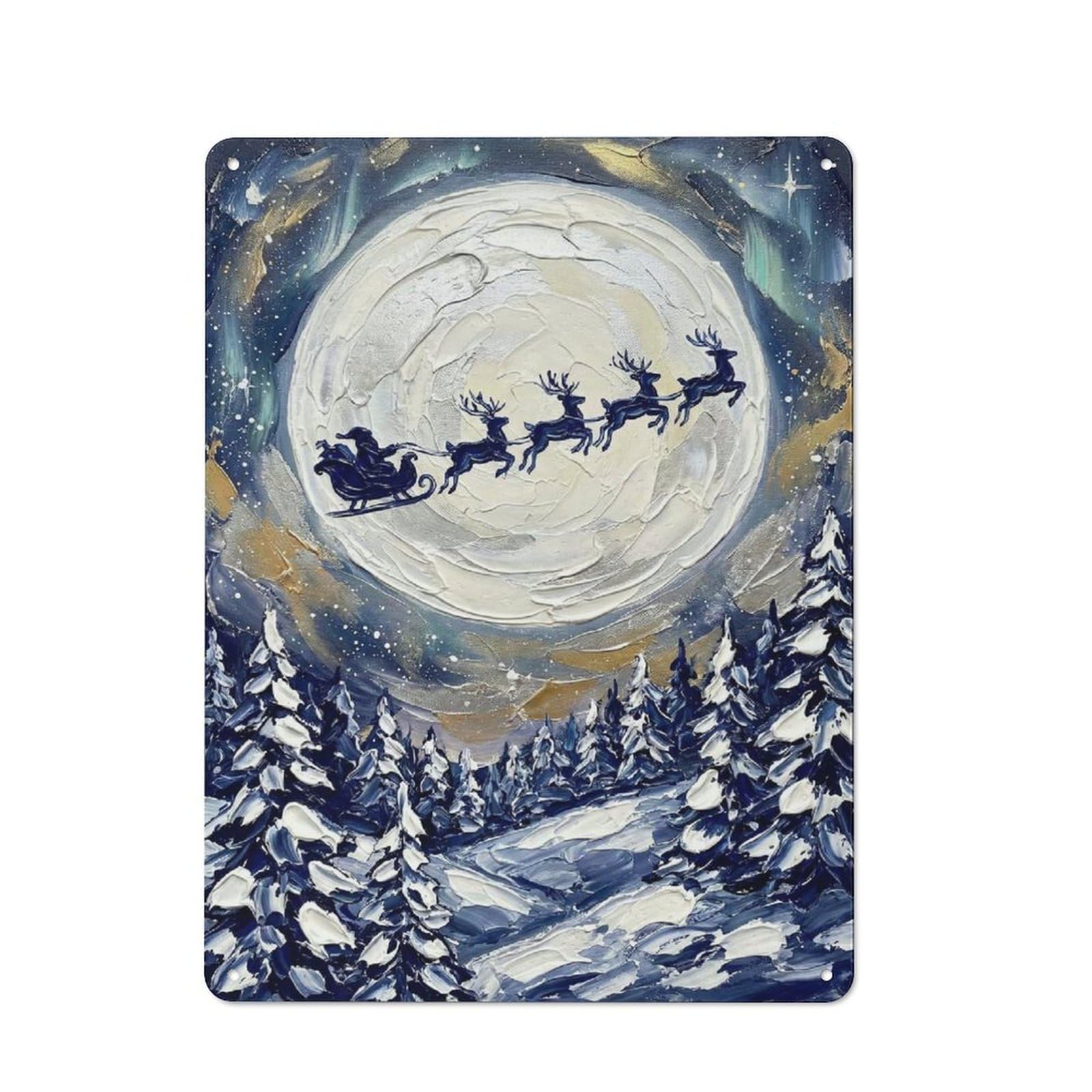 Junmoney Style-10 Industrial Metal Sign With Santas Sleigh Over Snowy Forest Painting Design 40X30cm, Modern Retro Loft Wall Plaque For Workspace, Cafe, Hallway Or Garage