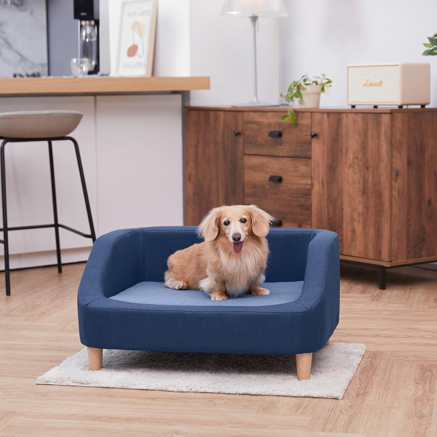 Teamson Pets Bennett 30 Inch Raised Heathered Linen Sofa Dog Daybed with Removable Cushion and Washable Cover for Cats & Small or Medium Dogs, Navy