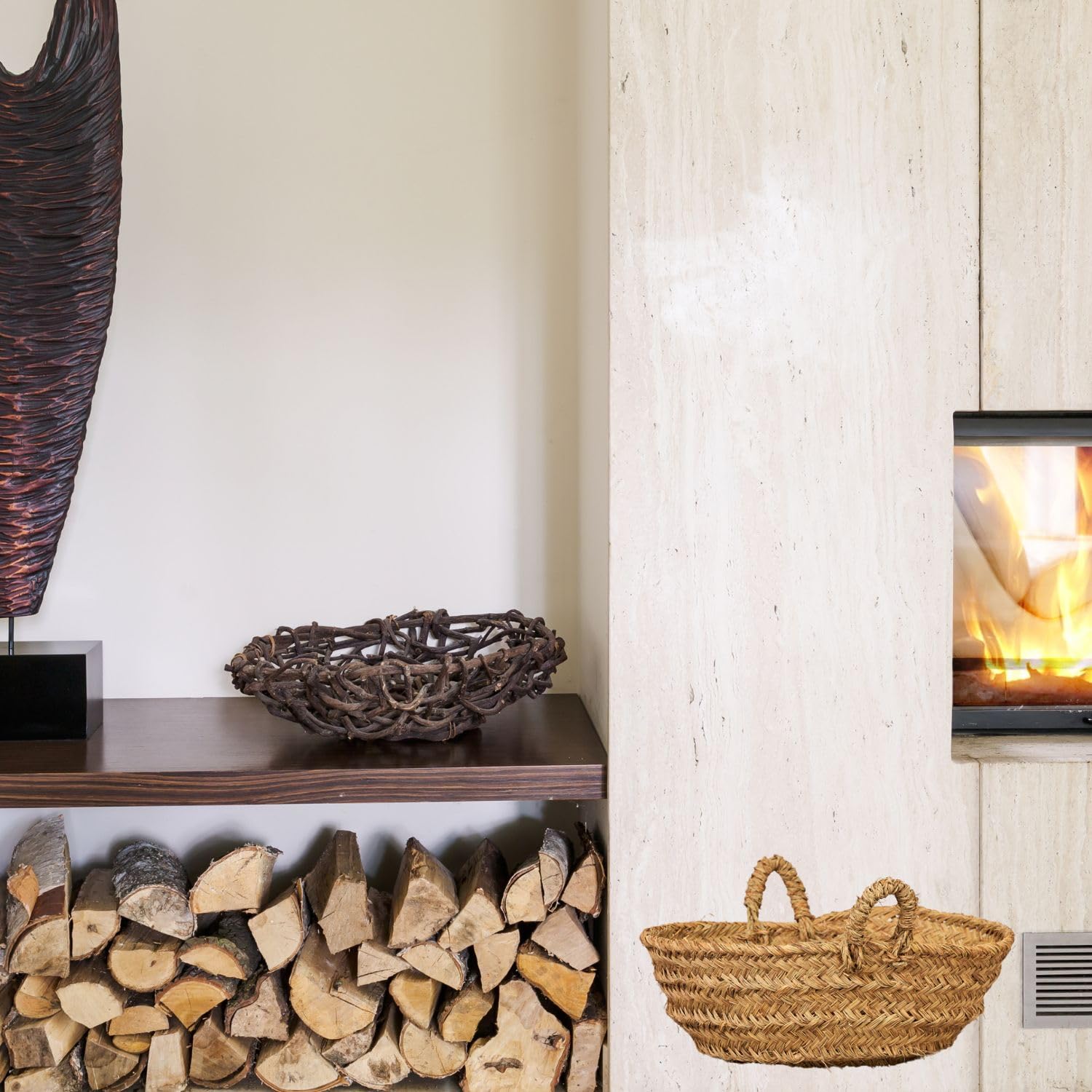 Leñero Esparto con Asas - Cesto Ovalado para Leña y Decoración Rf. 7109-2 | Elaborado a mano con fibras naturales. Resistente, versátil e ideal para leña, mantas, revistas o decoración.
