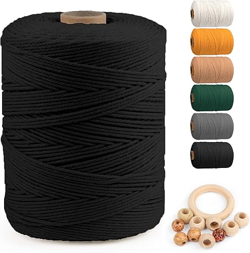 ZUEXT - Cordón de algodón de macramé de 0.118 in x 547 yardas, cuerda trenzada negra natural hecha a mano, 4 hebras, cuerda de punto para colgar en