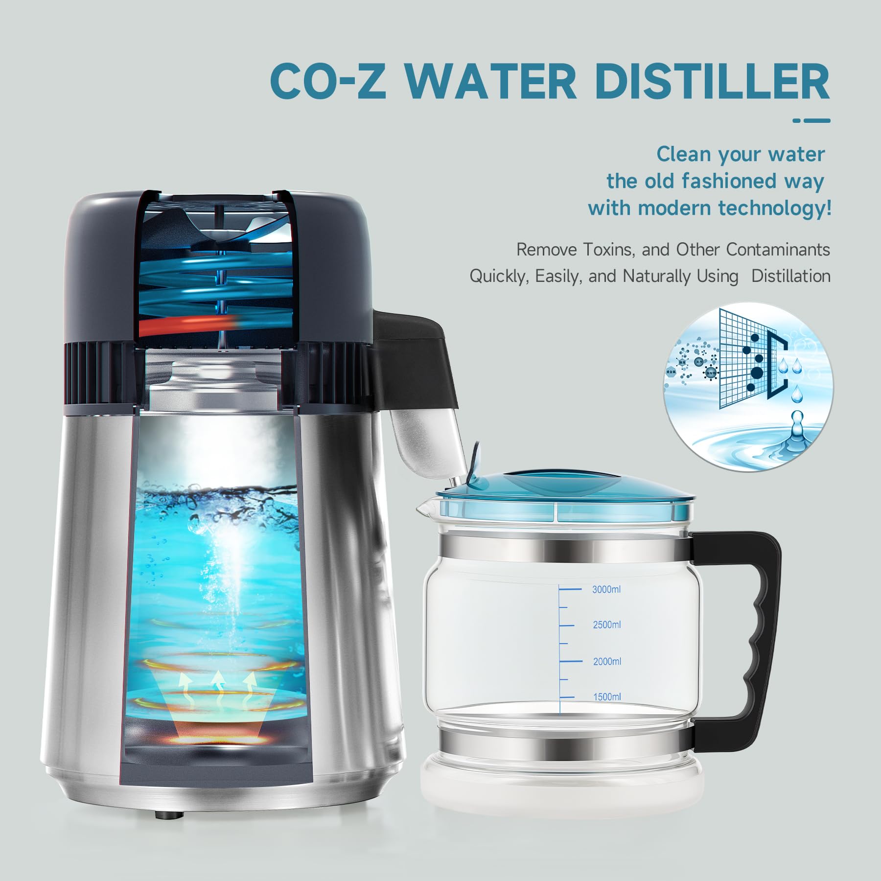 CO-Z - Distillatrice d'acqua in acciaio inossidabile spazzolato con bottiglia di collegamento da 4 litri