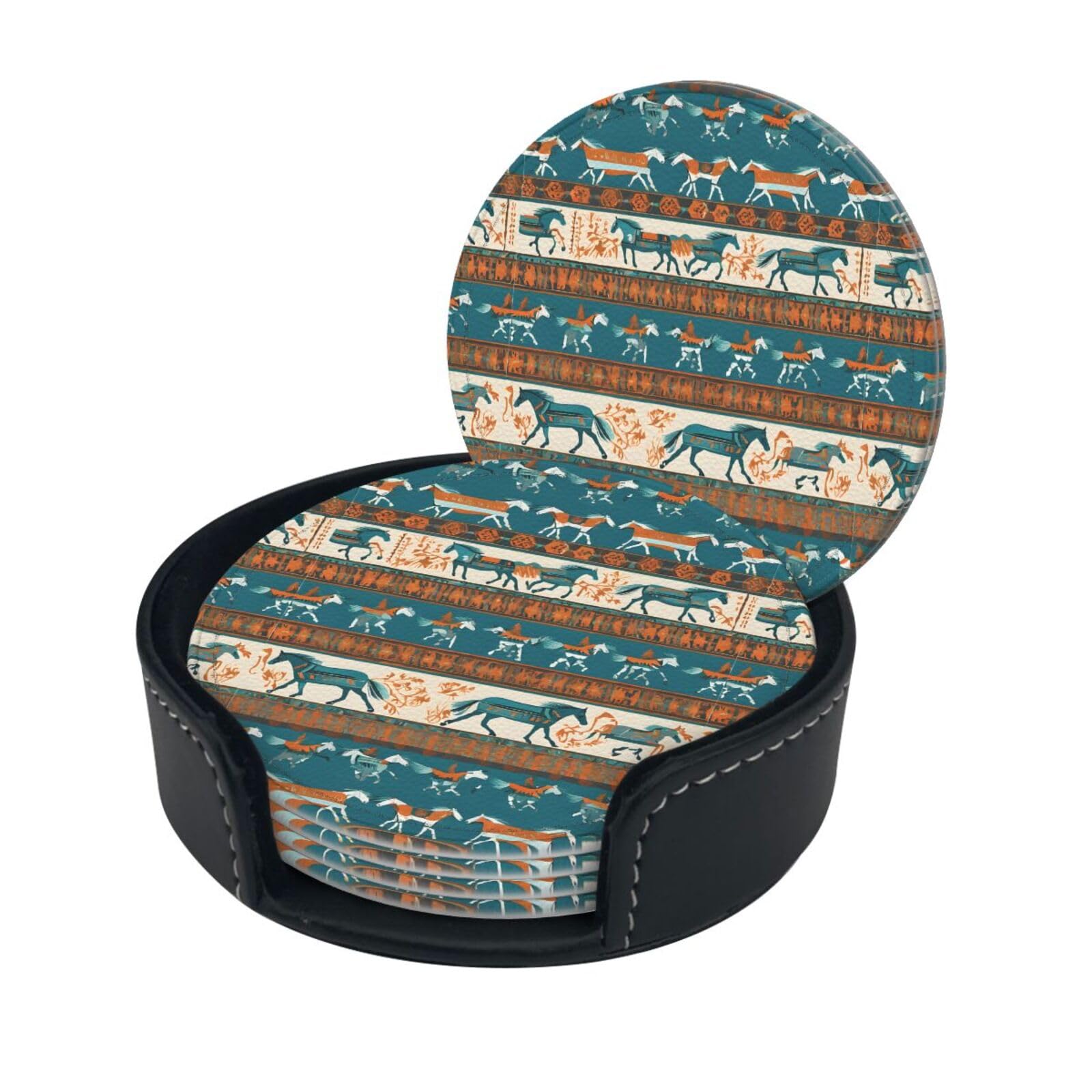 Horse Print Coaster,Round Leather Coasters with Storage Box for Wine Mugs,Cold Drinks and Cups Tabletop Protection (6 Piece)