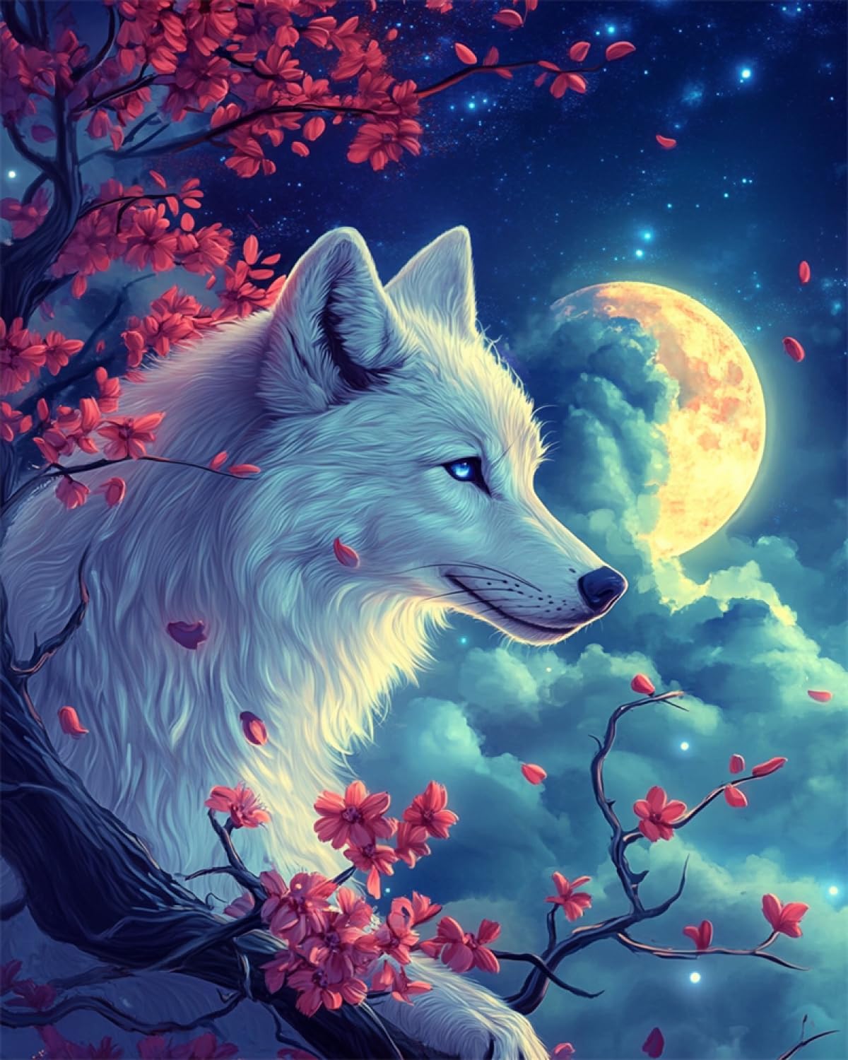 11CT Kreuzstich Set Cartoon Weißer Wolf Tier Und Blume Baum 80x100cm