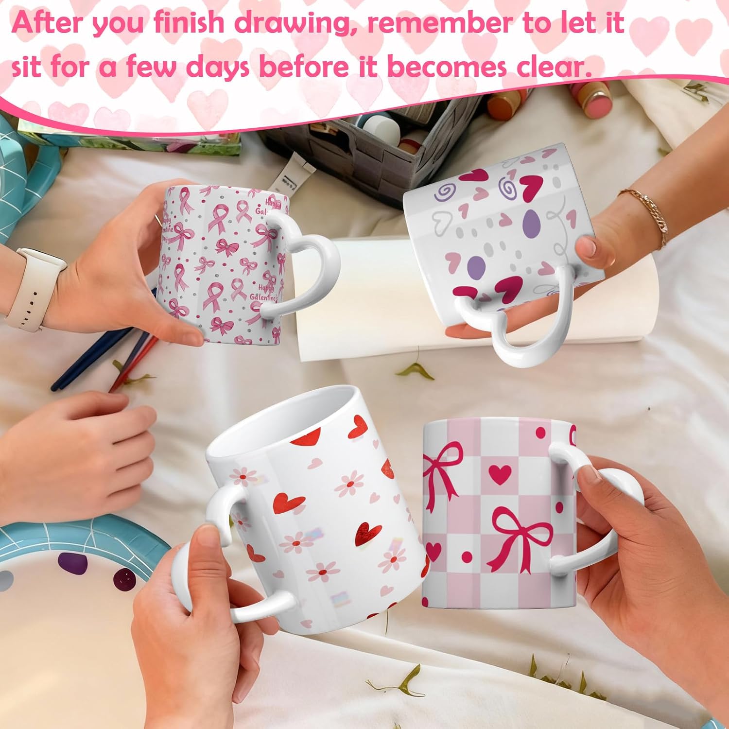 Potchen 4 Sets Valentine Paint Your Own Mug Kits, Ceramic Mugs with Heart Handle Galentines Painting Craft Kit Galentine Activities Includes 4 Cups 8 Brushes 4 Palettes 2 Outlines Pen and 12 Markers - Image 6