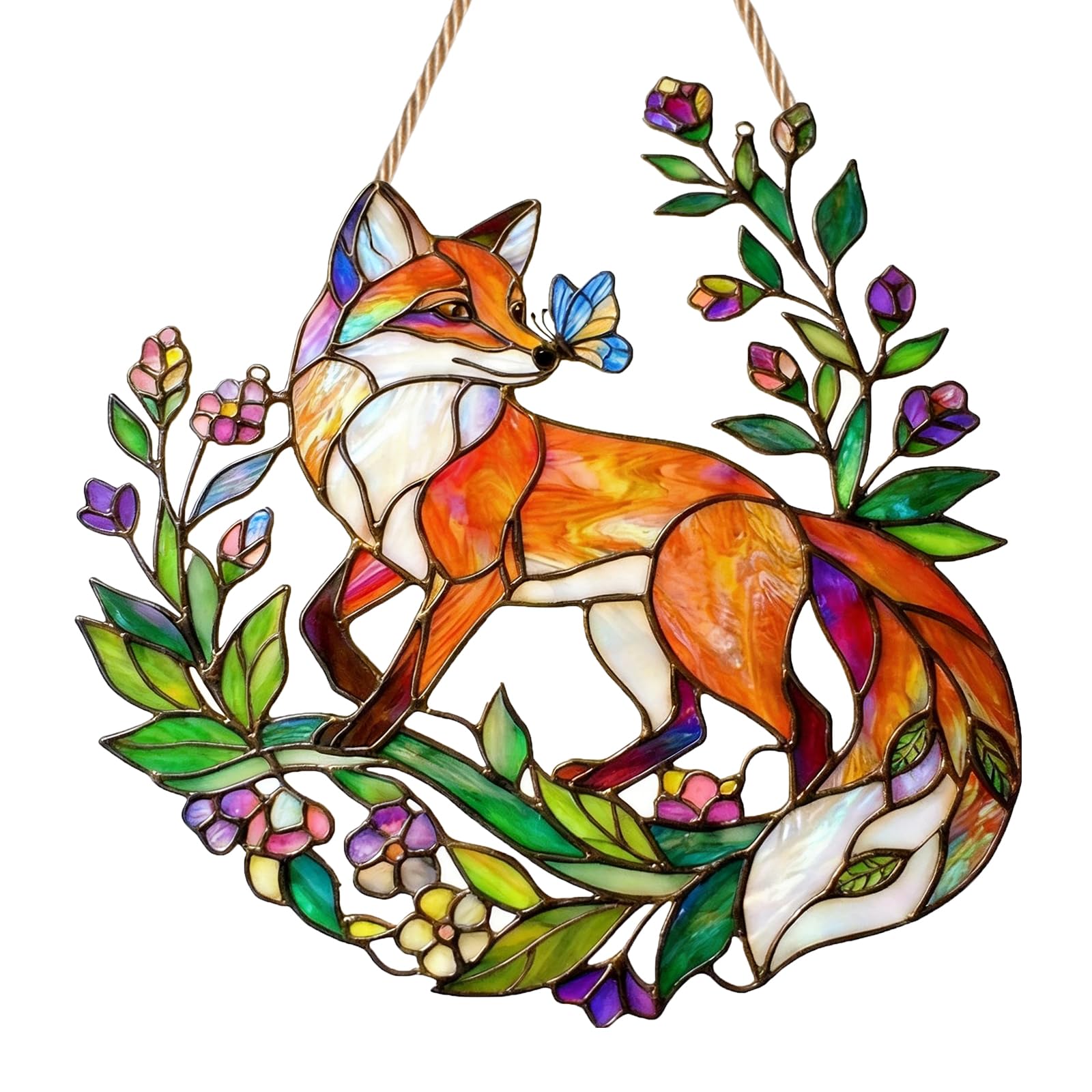 Fox Sun Catchers for Windows, Flower Acrylic Suncatcher, Stained Glass Window Hanging Ornament, 2D Flat Hanging Garden Ornament Suncatchers for Home Window Wall Decoration