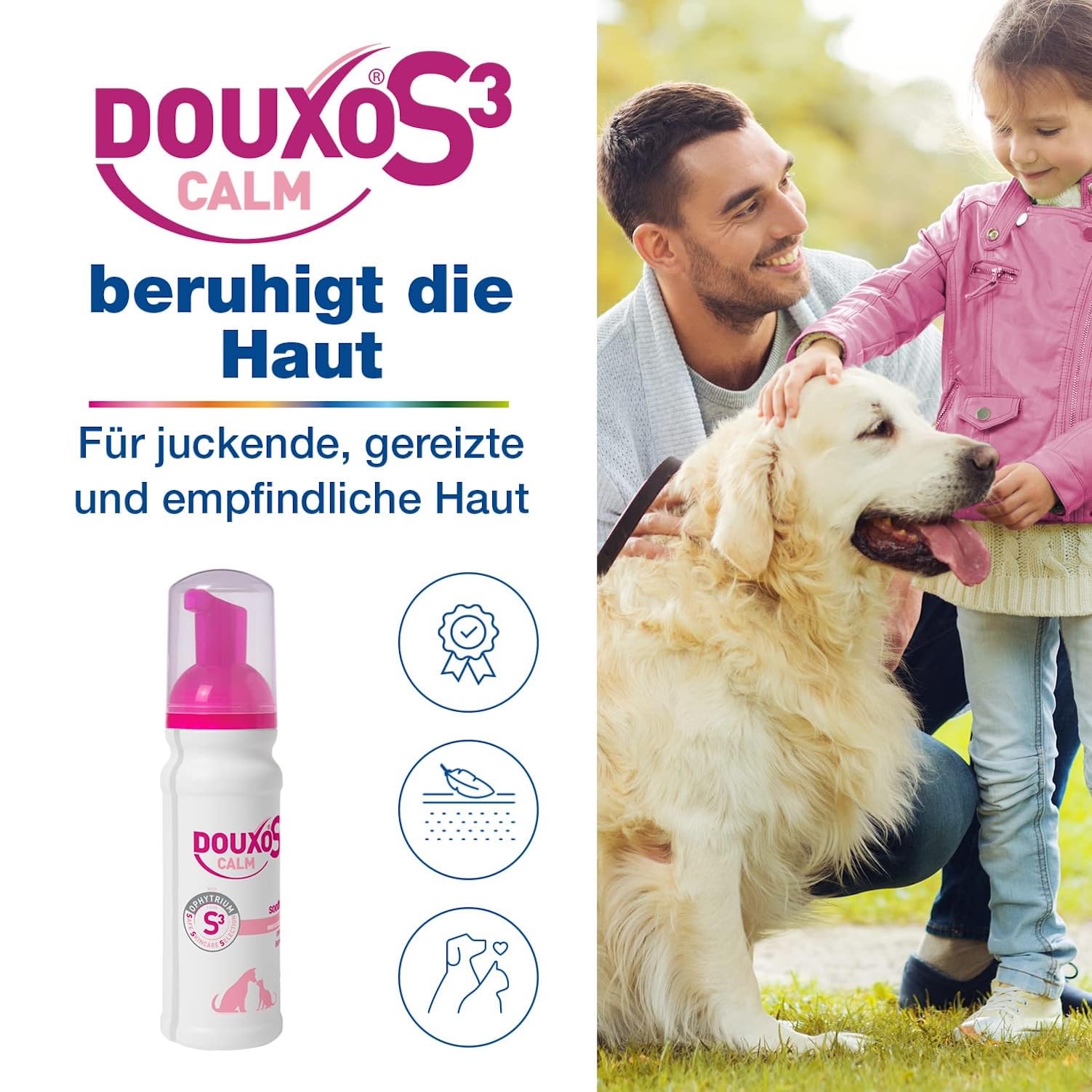 DOUXO S3 Calm Mousse | für Hunde & Katzen | Schaum Pflege für juckende, gereizte & empfindliche Haut | Hautberuhigend & Feuchtigkeitsspendend | ideal für Allergiker & allergische Tiere | 150 ml