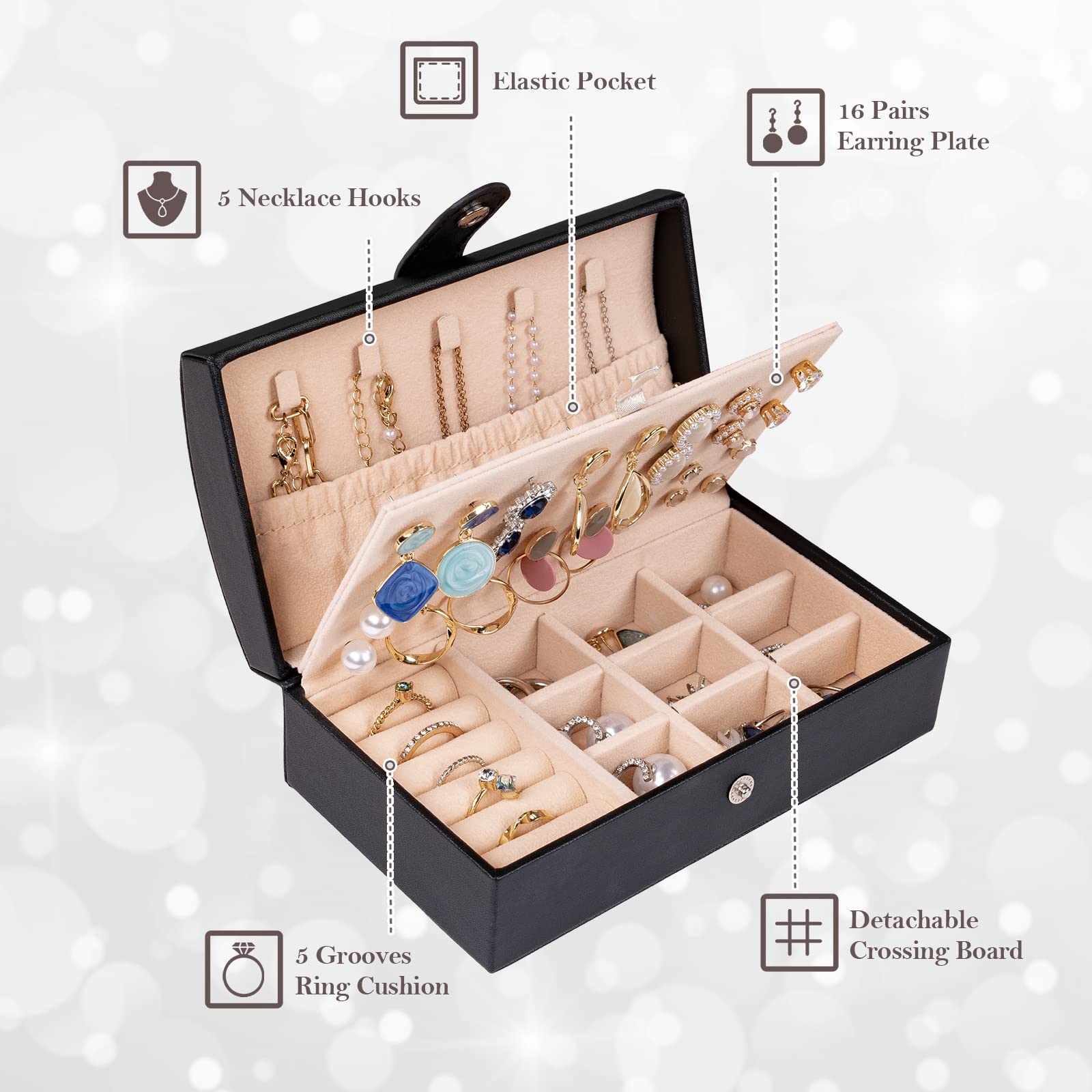 ProCase Sieradenkistje voor reizen, kleine organizer voor dames en meisjes, draagbaar, 2-laags mini-sieradenopbergdoosje in PU-leer, voor oorbellen, ketting, armband, ringhouder, geschenken voor