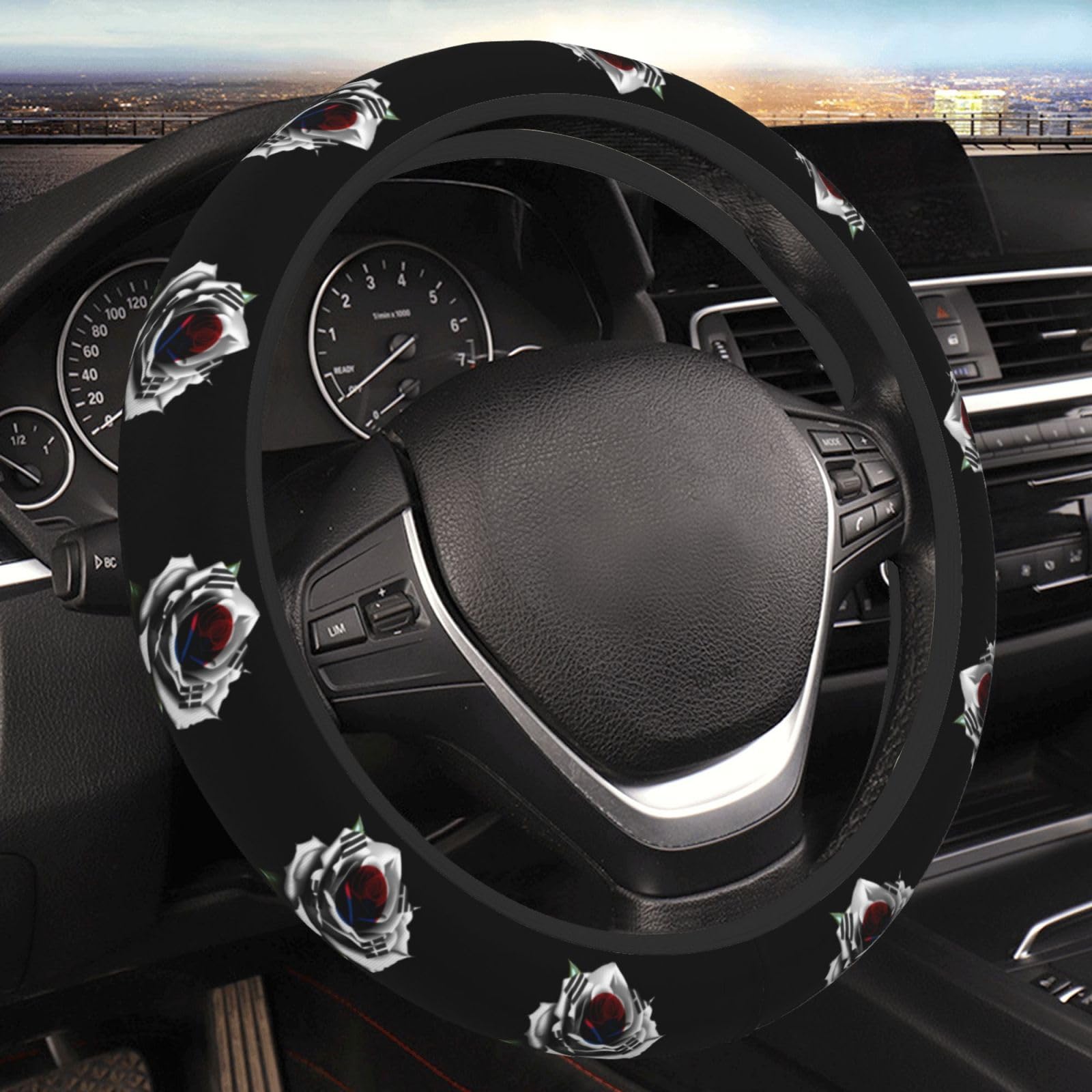 Rose South Korea Korean Flag Steering Wheel Cover for Men Women Anti-Slip Elastic Thickened Steering Wheel Cover Universal Fit 15 Inch
