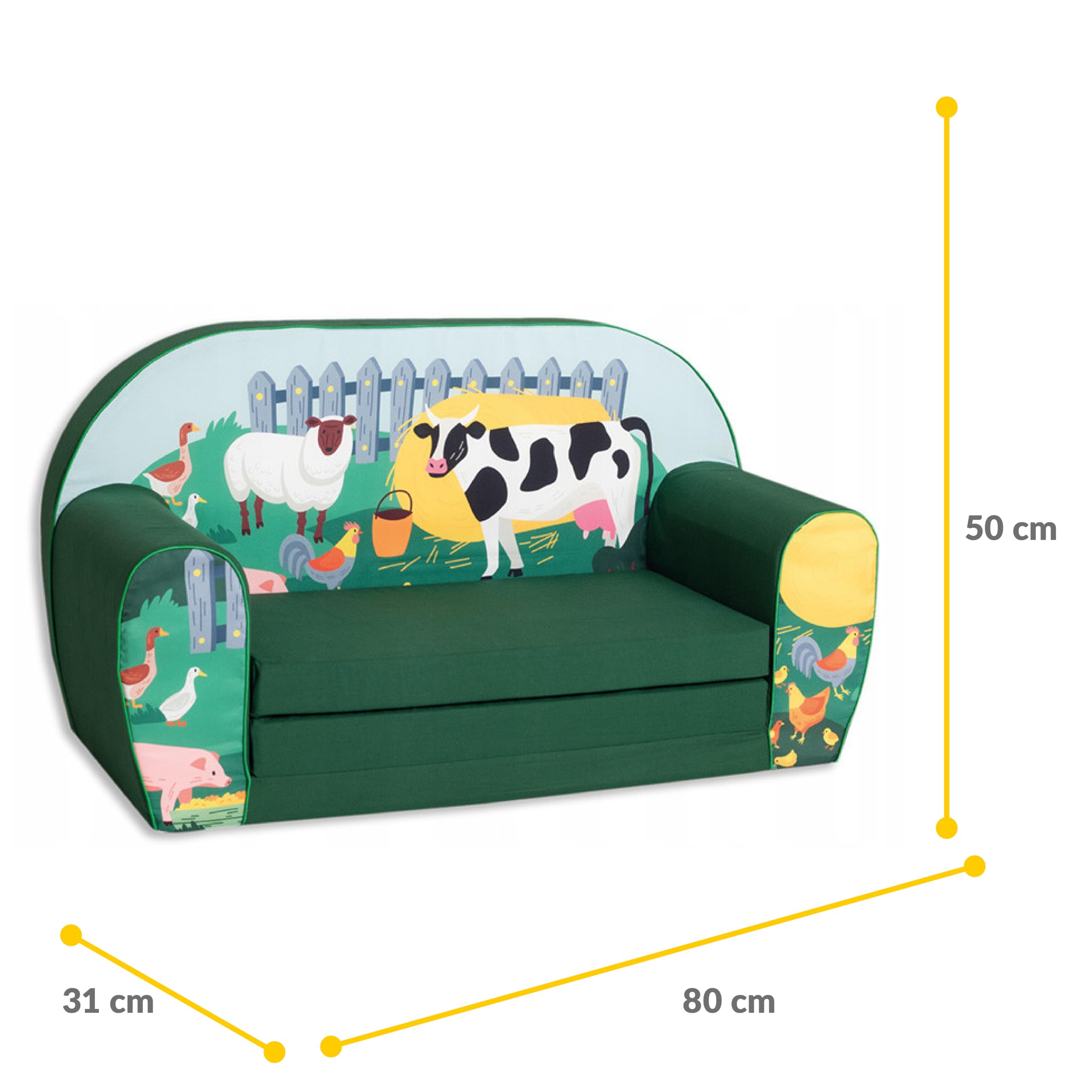Palmitessa Divano Per Bambini 2 Posti Divanetto Per Bambini Perfetto per giocare e dormire - Con materasso, cuscino e pouf sfoderabili 50x80x31cm (Fattoria)