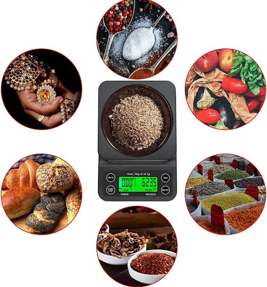 For cocina y joyería Cocina digital Café Cocina Báscula de alimentos Báscula de nutrición inteligente Goteo multifuncional con temporizador Báscula electrónica de alta precisión 3Kg 0.1G Bala