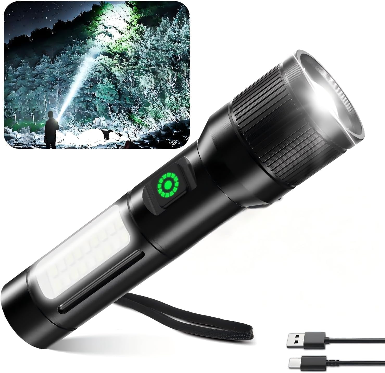 一筋の光 Flashlight, Mini Handheld with 6 Modes, Zoomable LCD Display, USB-C Rechargeable, IPX7 Waterproof, Compact & Lightweight for Home, Outdoor, Emergency