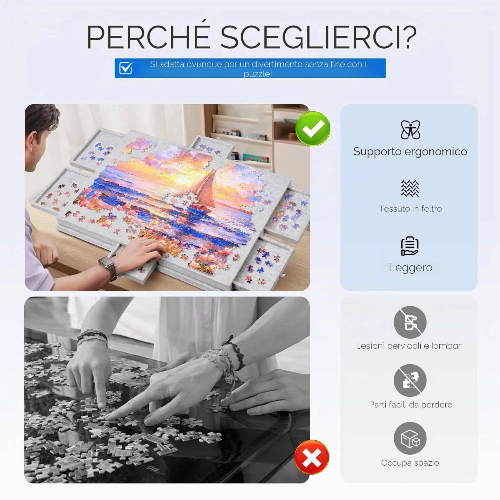 Tavolo Puzzle da 1000 Pezzi con 6 Cassetti, Angolo di Inclinazione, Puzzle Board Portatile, Puzzle Board per Bambini e Adulti (Grigio)