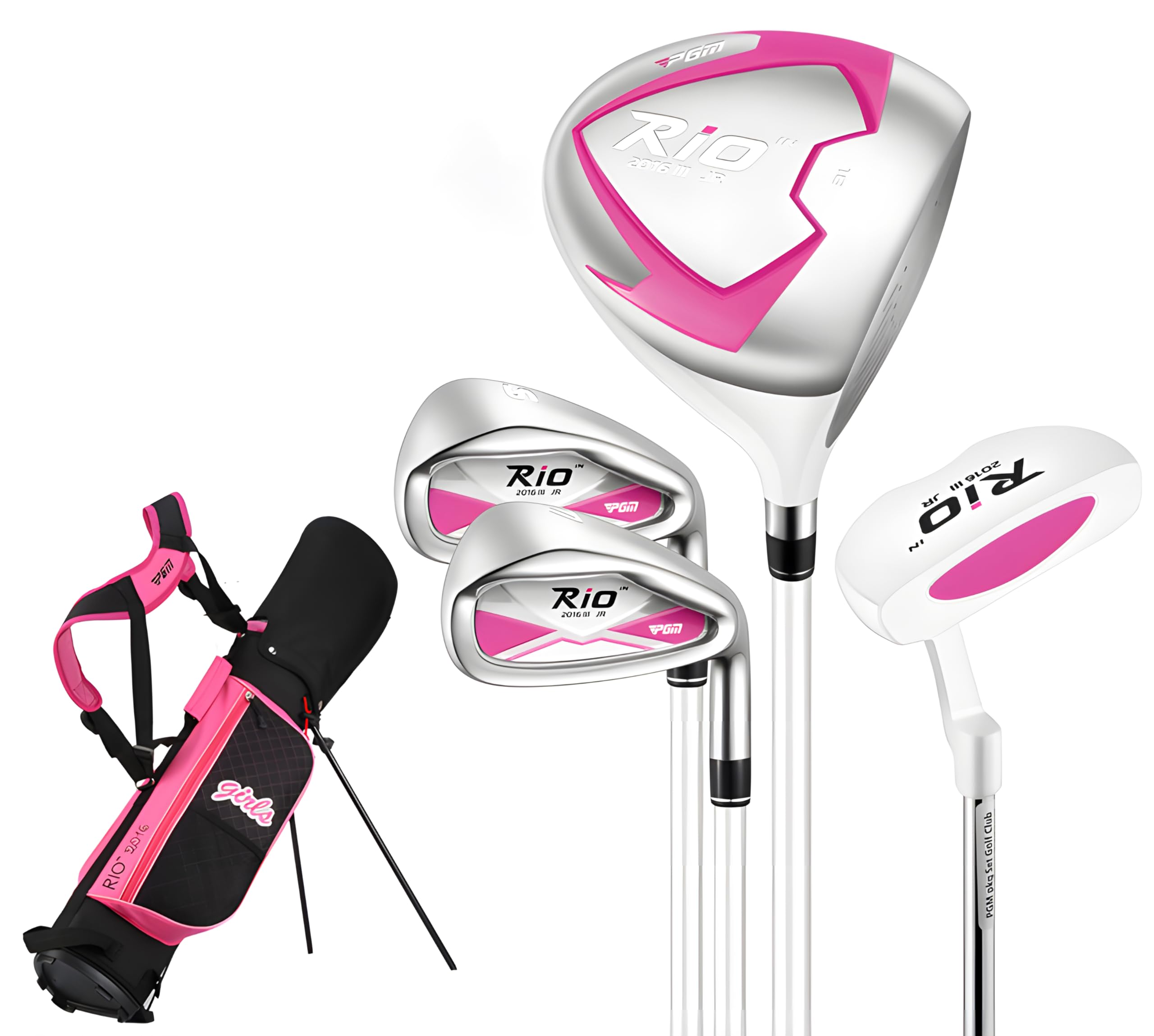 PGM Rio Club de golf pour enfants - Ensemble complet de 4 clubs de golf pour droitiers - Avec sac de support - Pour garçons et filles